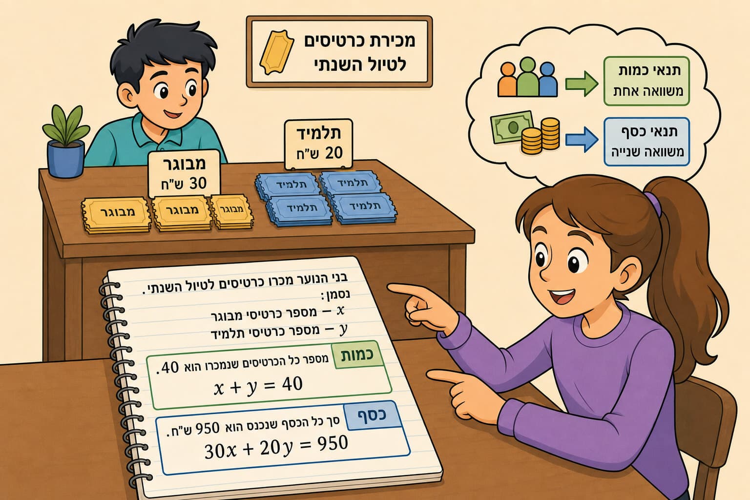 תמונה הממחישה בניית שתי משוואות מסיפור כרטיסים עם שני סוגי מחירים