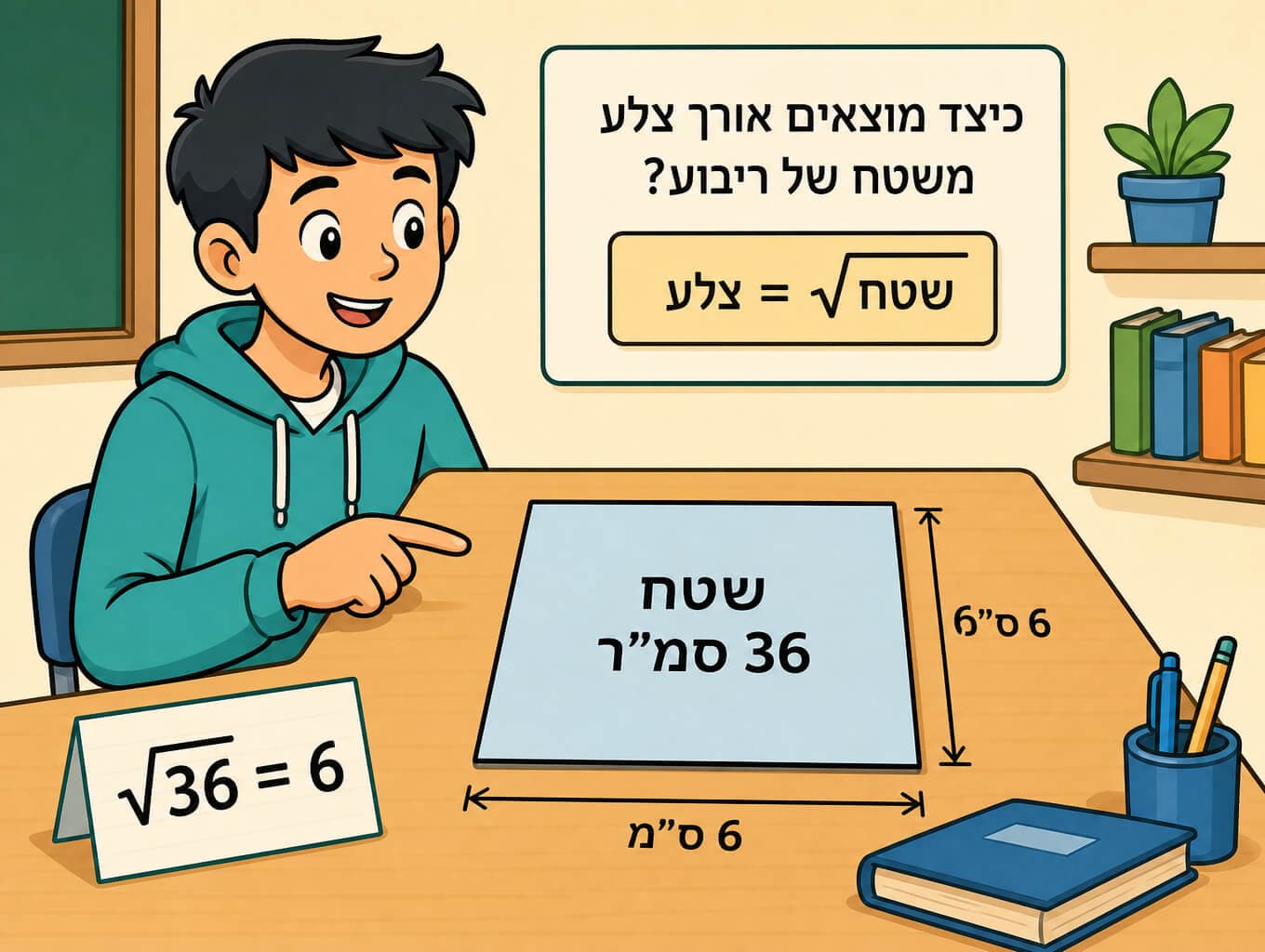 תמונה הממחישה שורש ריבועי כמעבר משטח ריבוע לאורך הצלע