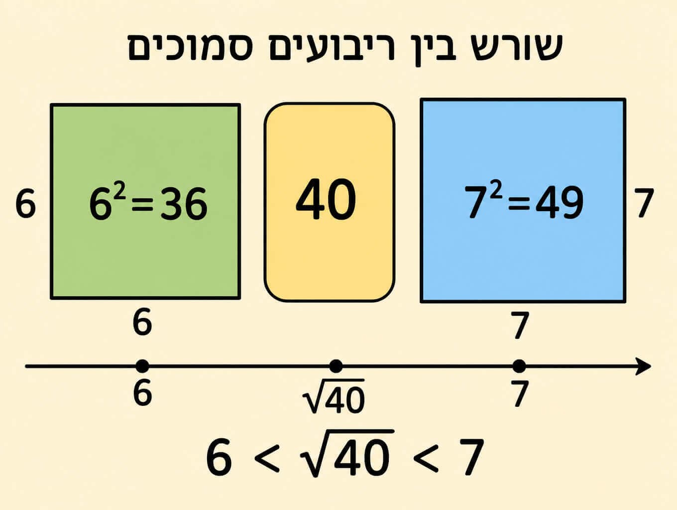 תמונה הממחישה את אומדן השורש של 40 בעזרת ריבועים סמוכים וציר מספרים