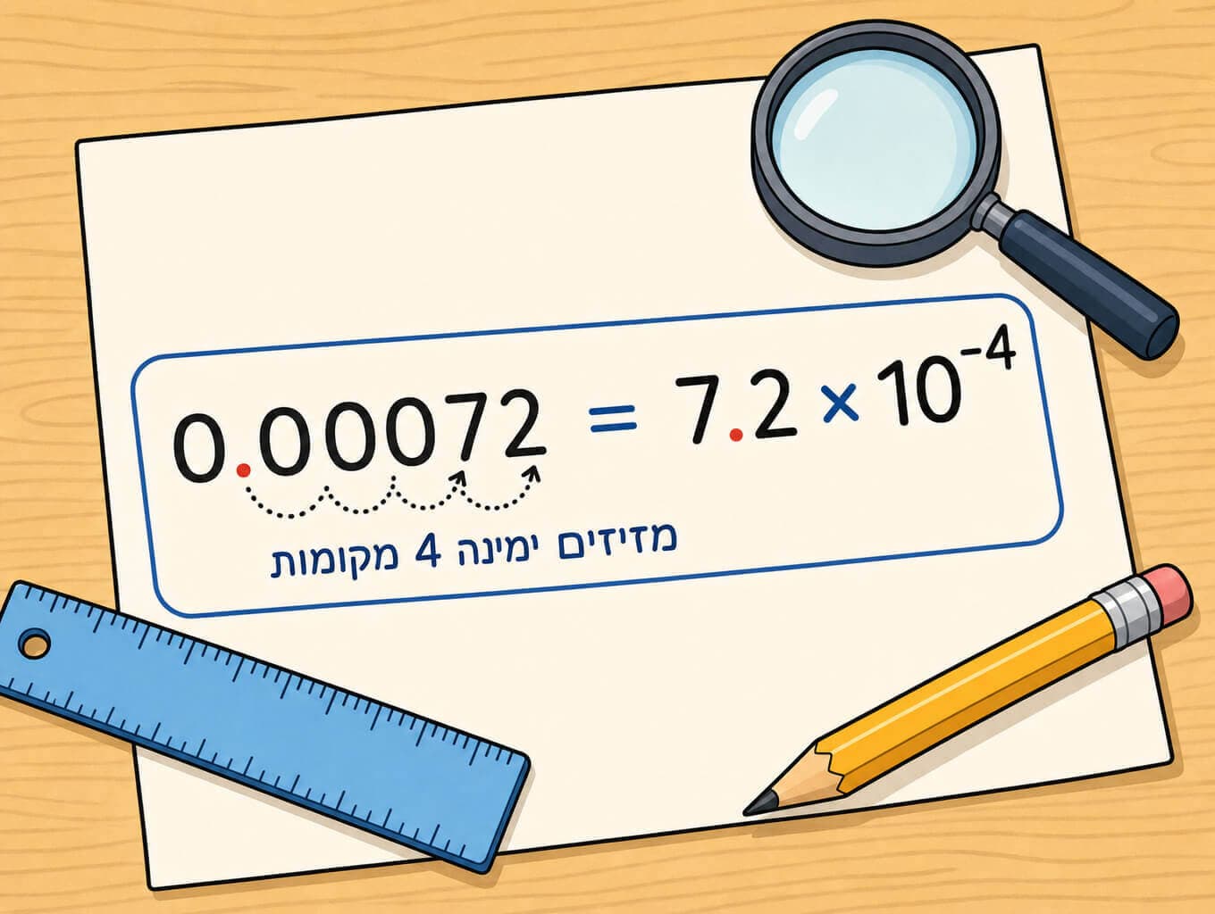 תמונה הממחישה את הכתיב המדעי של מספר קטן בעזרת הזזת הנקודה העשרונית