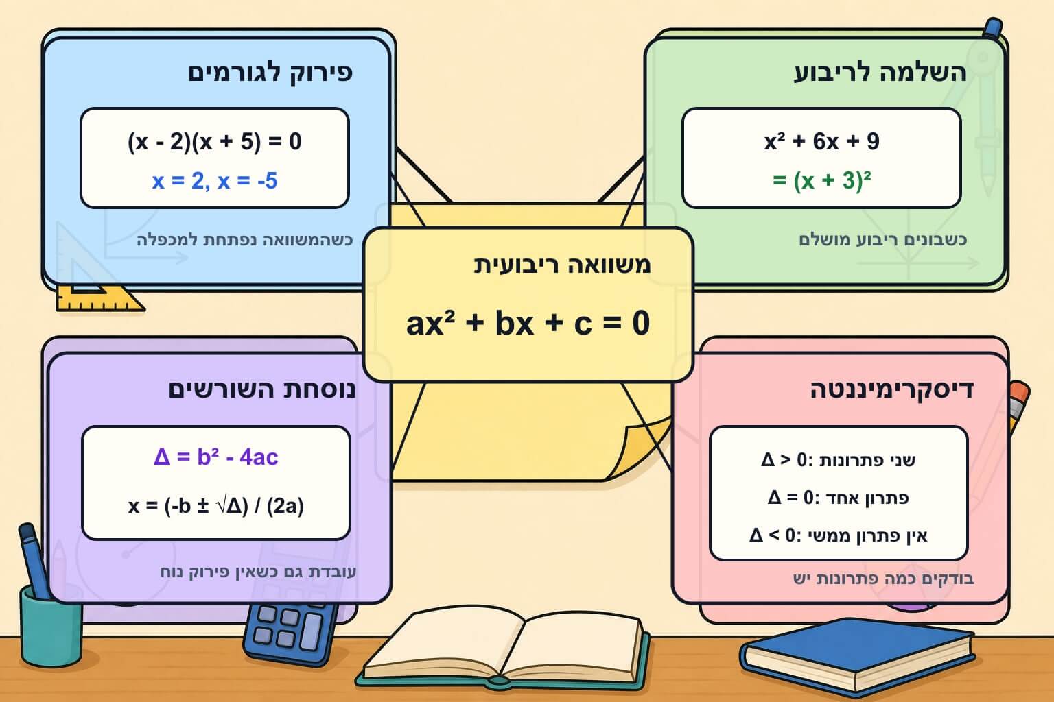 תמונה הממחישה מפת בחירת שיטה לפתרון משוואות ריבועיות