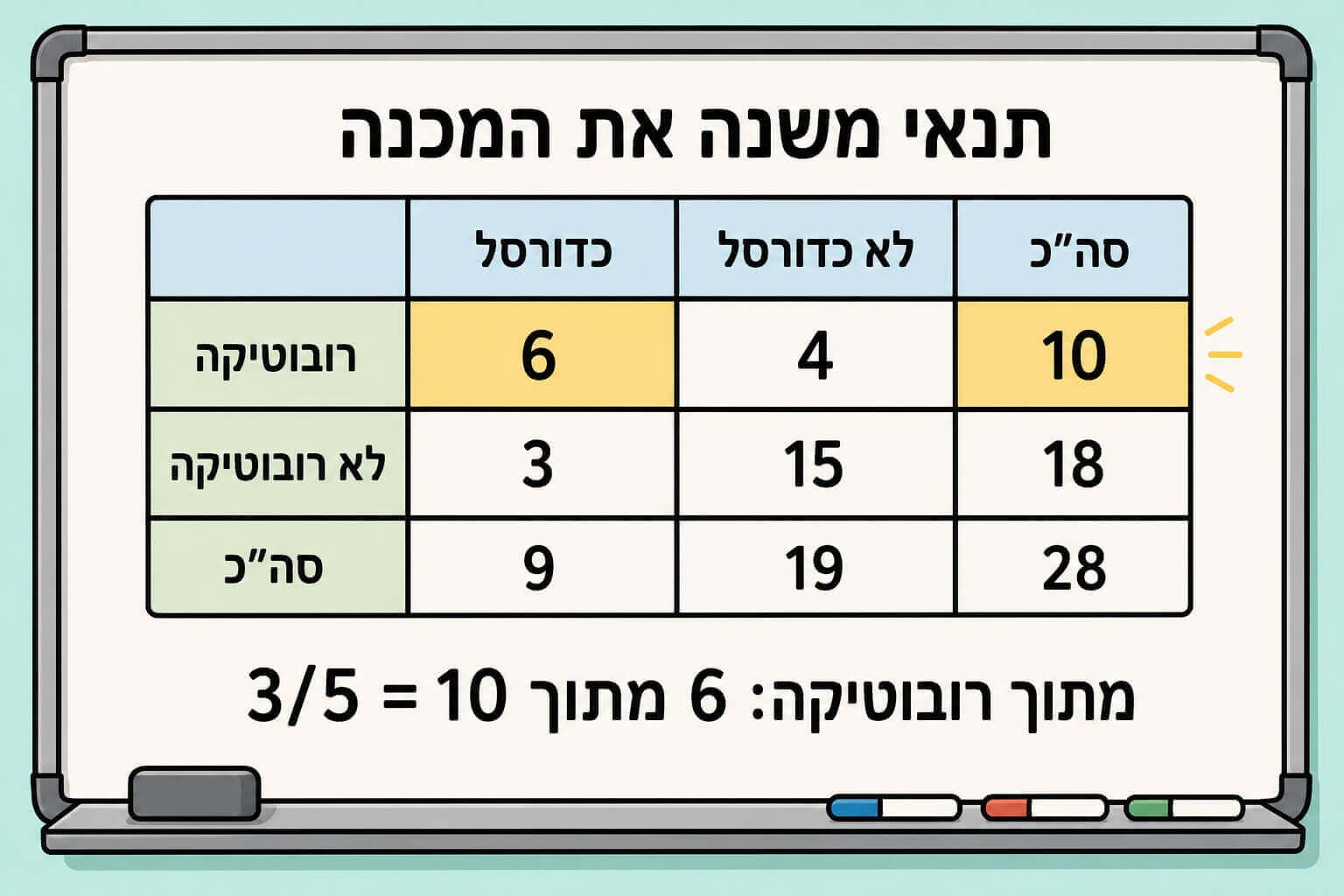 תמונה הממחישה את הסתברות מותנית בעזרת טבלת רובוטיקה וכדורסל