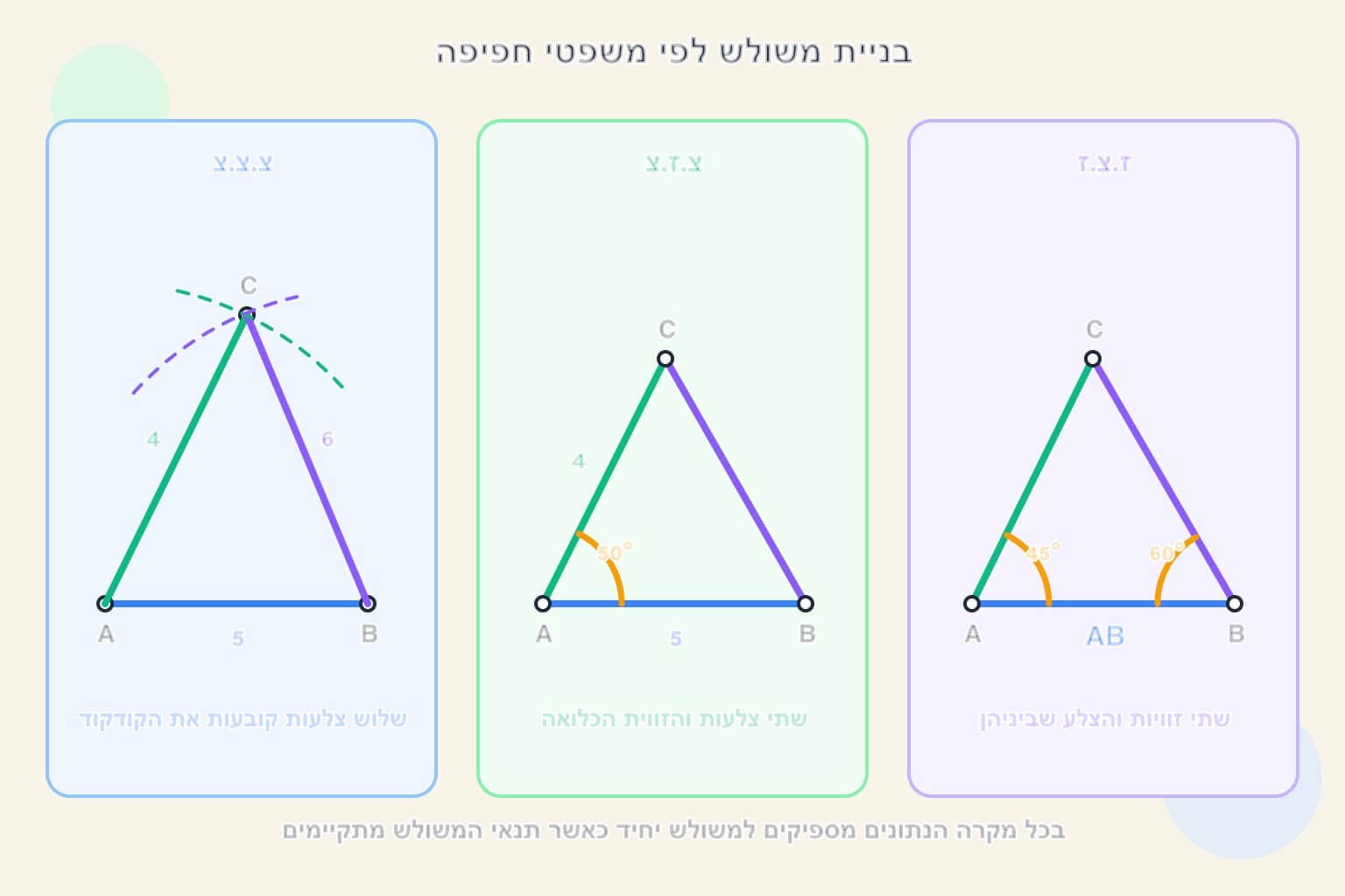 תמונה הממחישה את בניית משולש לפי נתוני חפיפה צלעות וזוויות