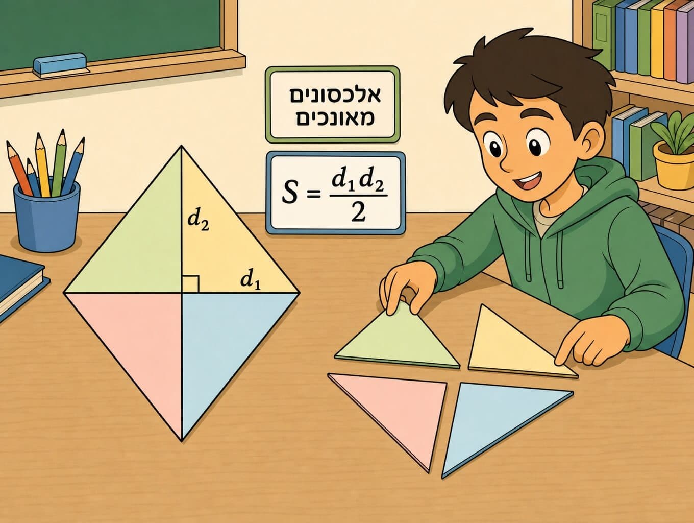 תמונה הממחישה חישוב שטח מרובע בעזרת פירוק לפי אלכסונים מאונכים