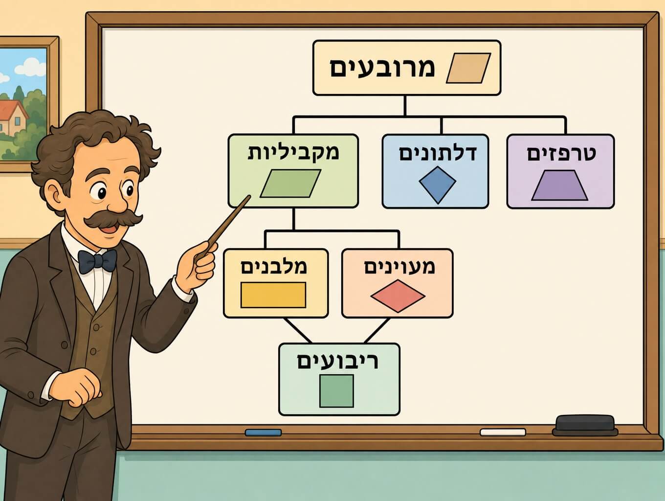 תמונה המציגה מפת משפחות של מרובעים עם מקבילית, מלבן, מעוין, ריבוע, דלתון וטרפז