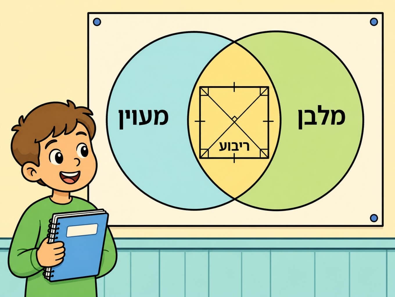 תמונה הממחישה את הריבוע כחיתוך בין משפחת המלבנים למשפחת המעוינים