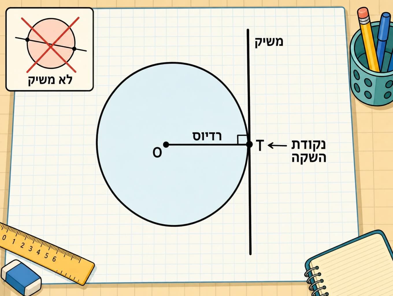 תמונה הממחישה רדיוס המאונך למשיק בנקודת ההשקה במעגל