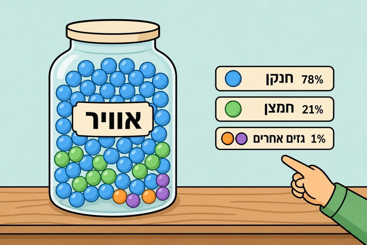 תמונה המציגה את הרכב האוויר כתערובת של חנקן, חמצן וגזים נוספים
