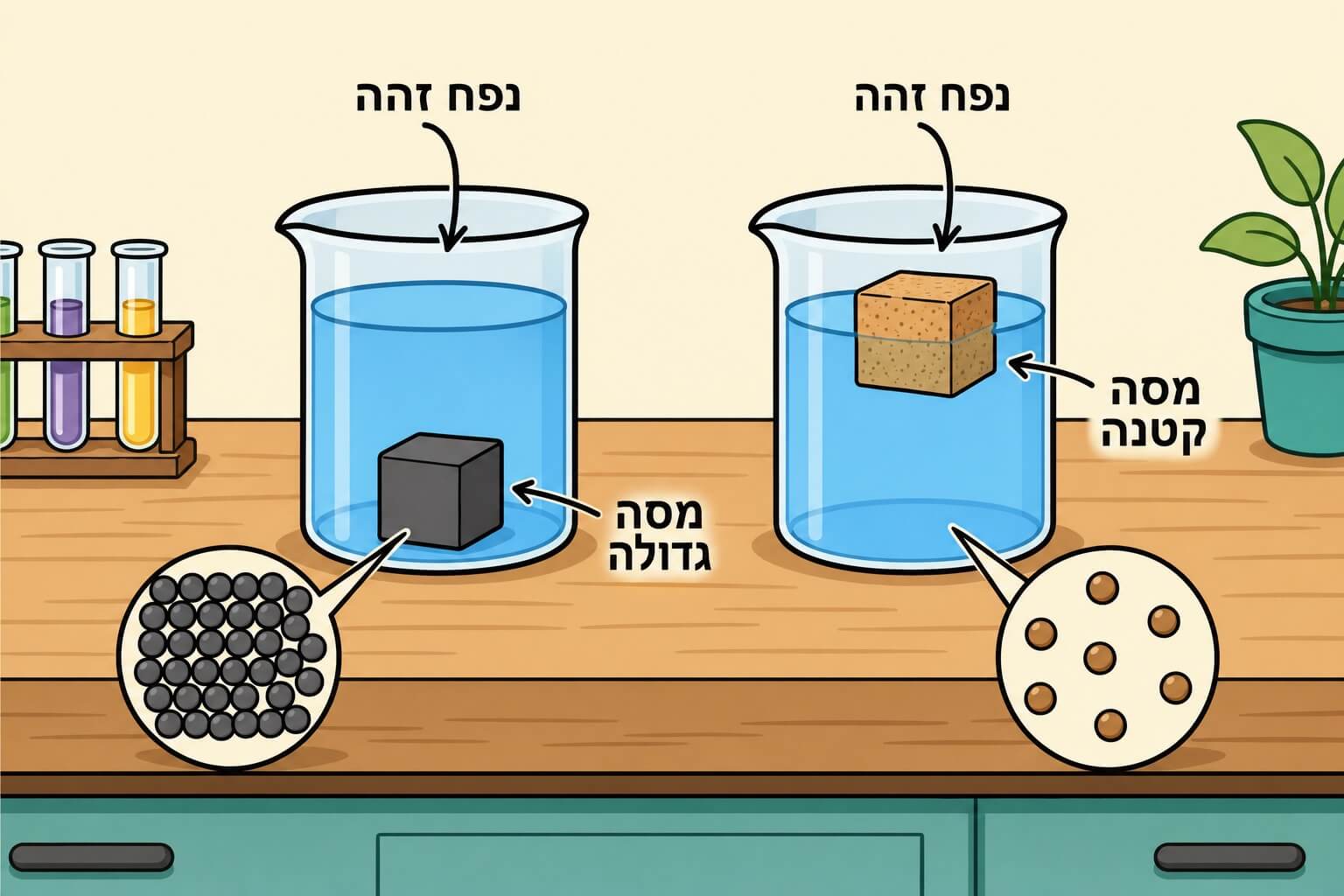 תמונה הממחישה את ההבדל בין חומר צפוף לחומר פחות צפוף