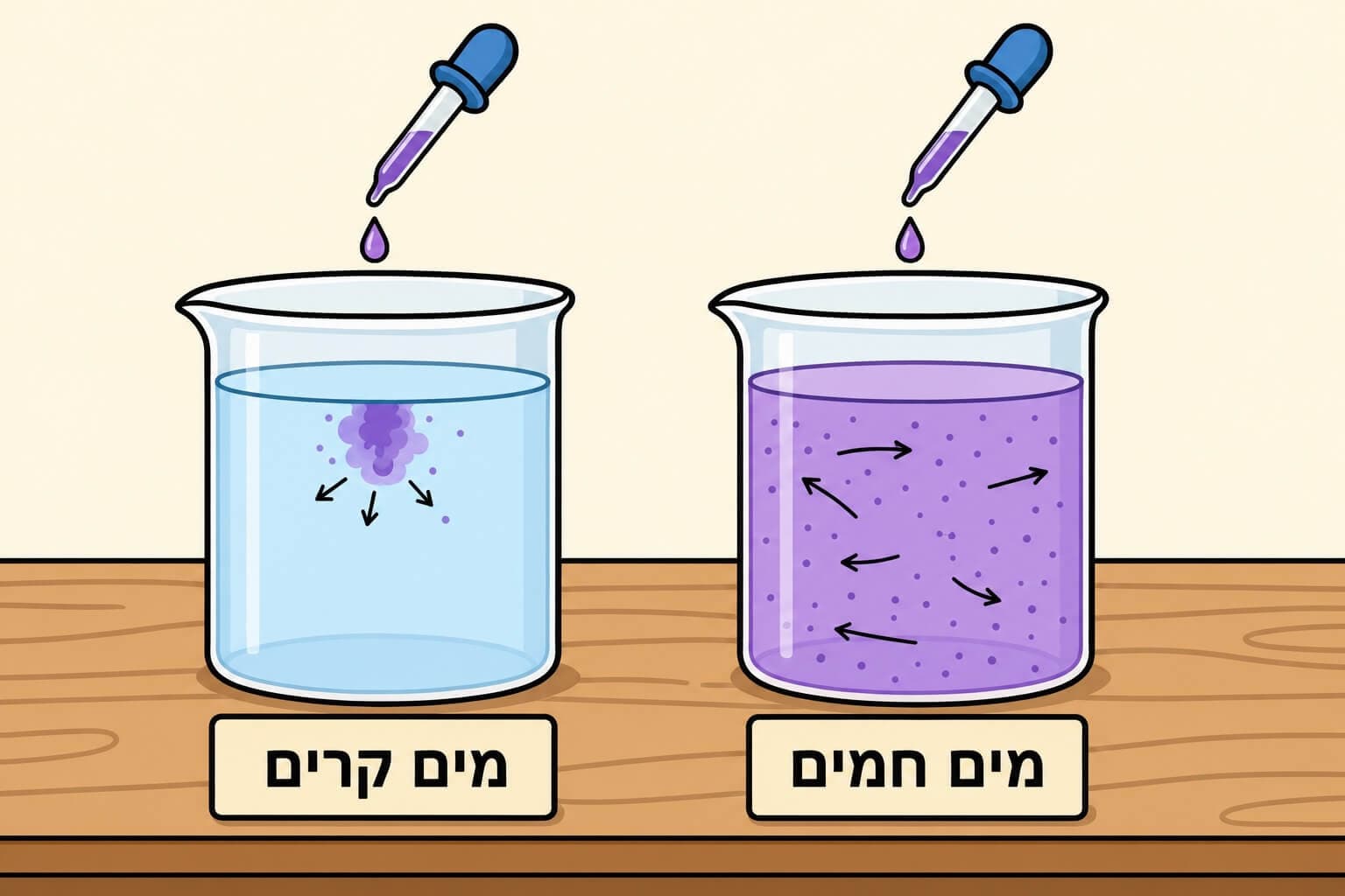 תמונה הממחישה את ההבדל בין פעפוע מהיר במים חמים לפעפוע איטי במים קרים