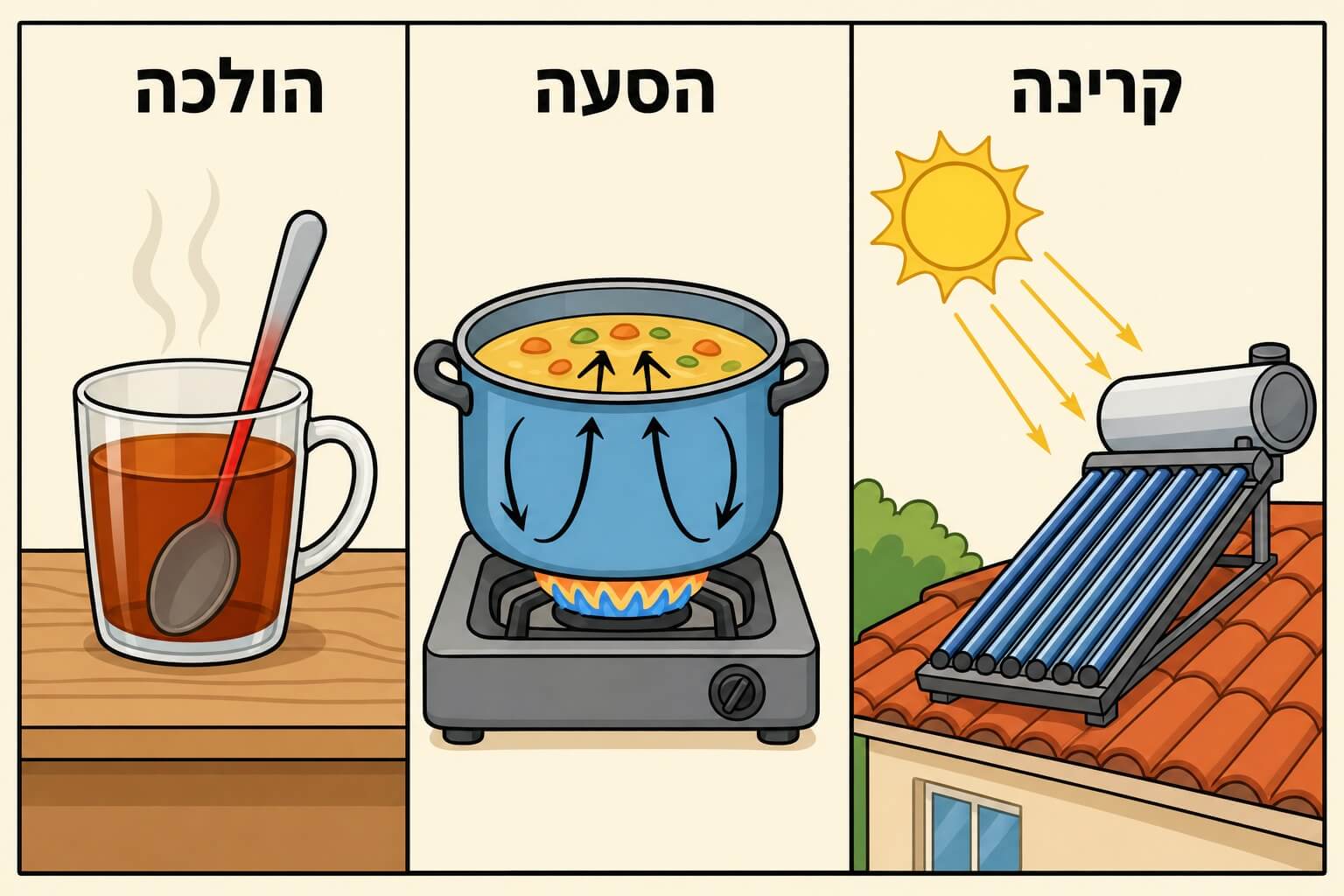 תמונה הממחישה את שלוש הדרכים למעבר חום בעזרת כפית בתה, סיר מרק ודוד שמש