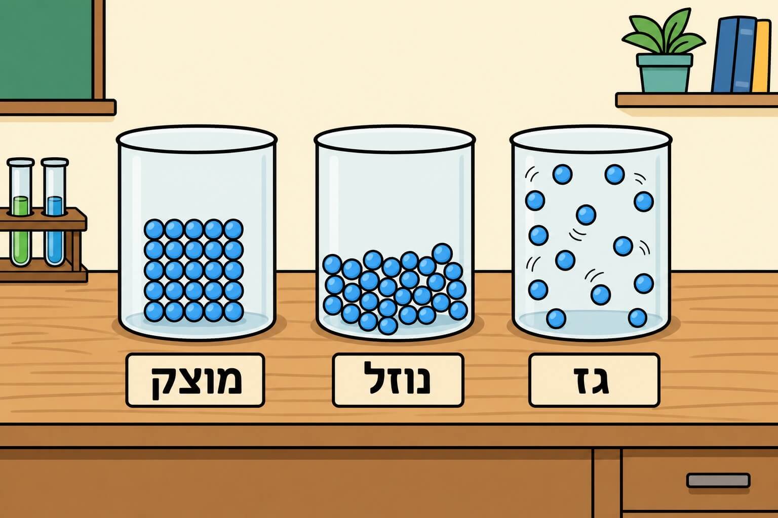 תמונה הממחישה את ההבדל בין סידור חלקיקים במוצק, בנוזל ובגז