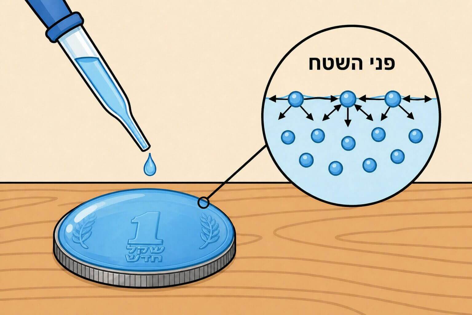 תמונה הממחישה את מתח הפנים של מים בעזרת טיפות על מטבע