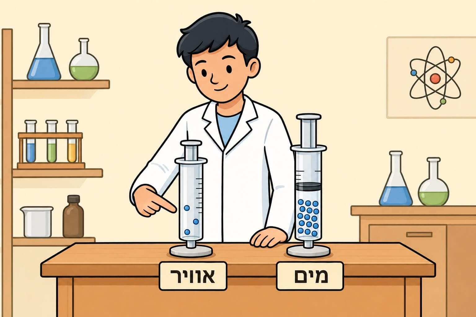 תמונה הממחישה את ההבדל בין דחיסת גז לדחיסת נוזל במזרק