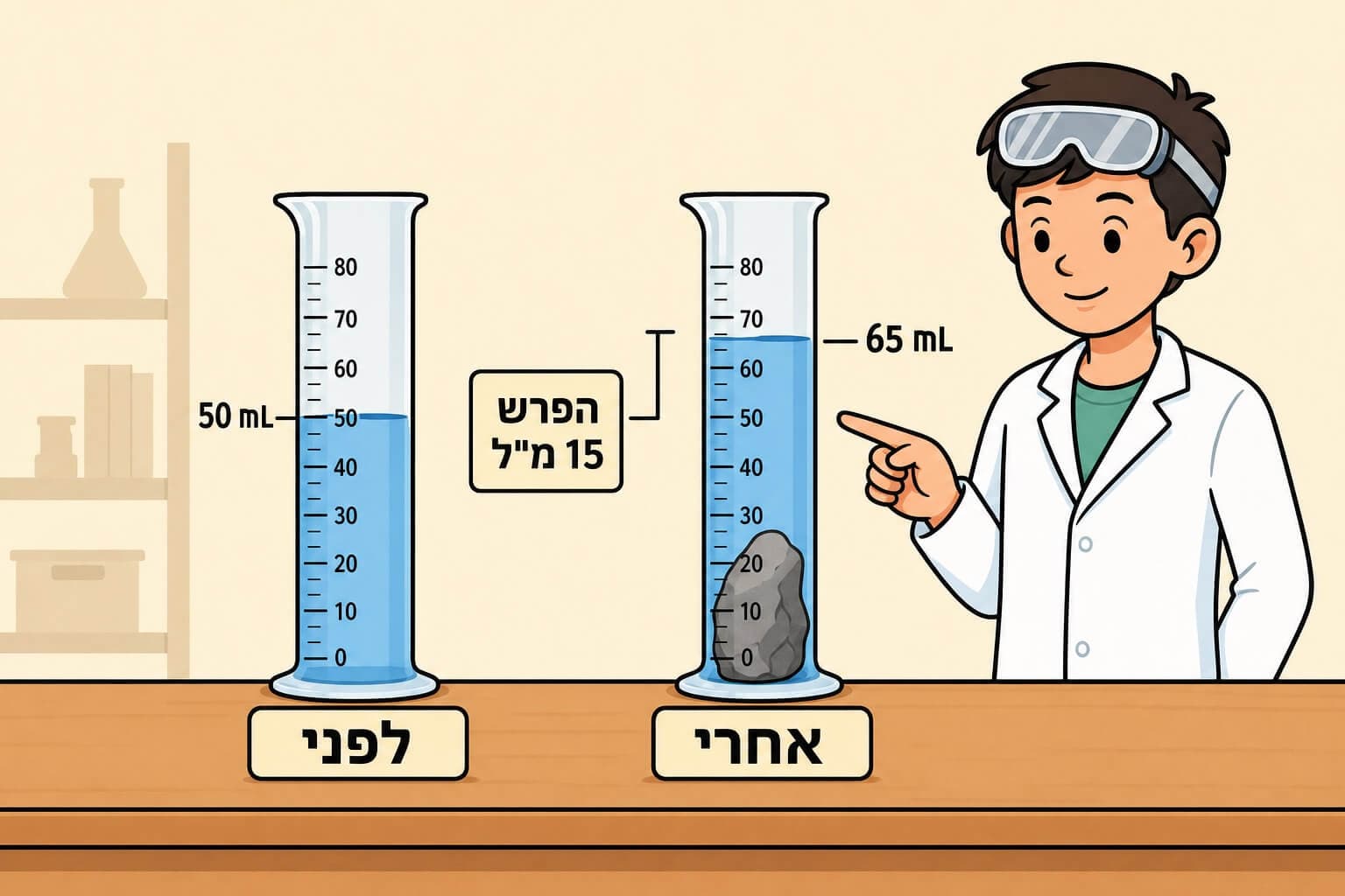 תמונה הממחישה את מדידת נפח של גוף לא הנדסי בעזרת דחיקת מים במשורה