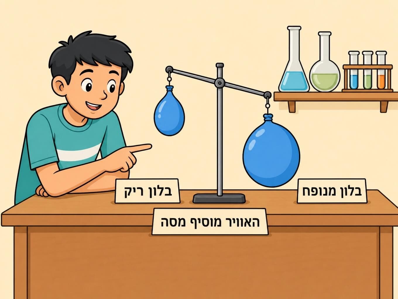 תמונה הממחישה את ניסוי הבלונים שמראה כי אוויר מוסיף מסה לבלון מנופח
