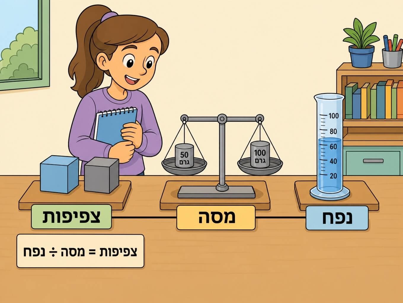 תמונה הממחישה את הקשר בין נפח, מסה וצפיפות בסיכום פרק המדידות