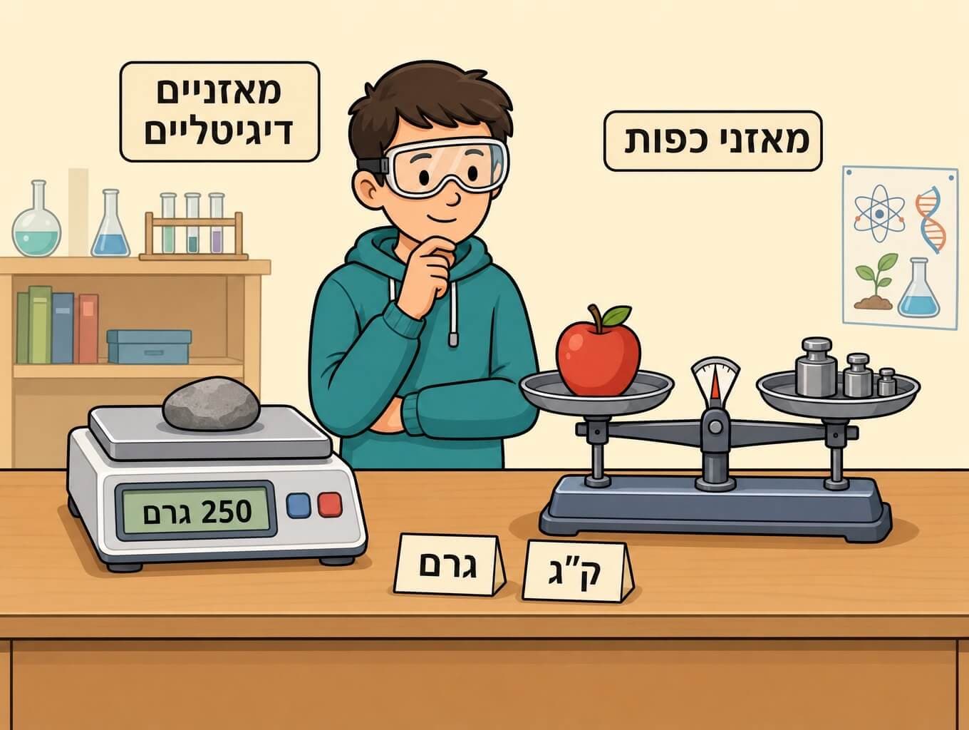 תמונה הממחישה את מדידת המסה בעזרת מאזני כפות ומאזניים דיגיטליים במעבדה