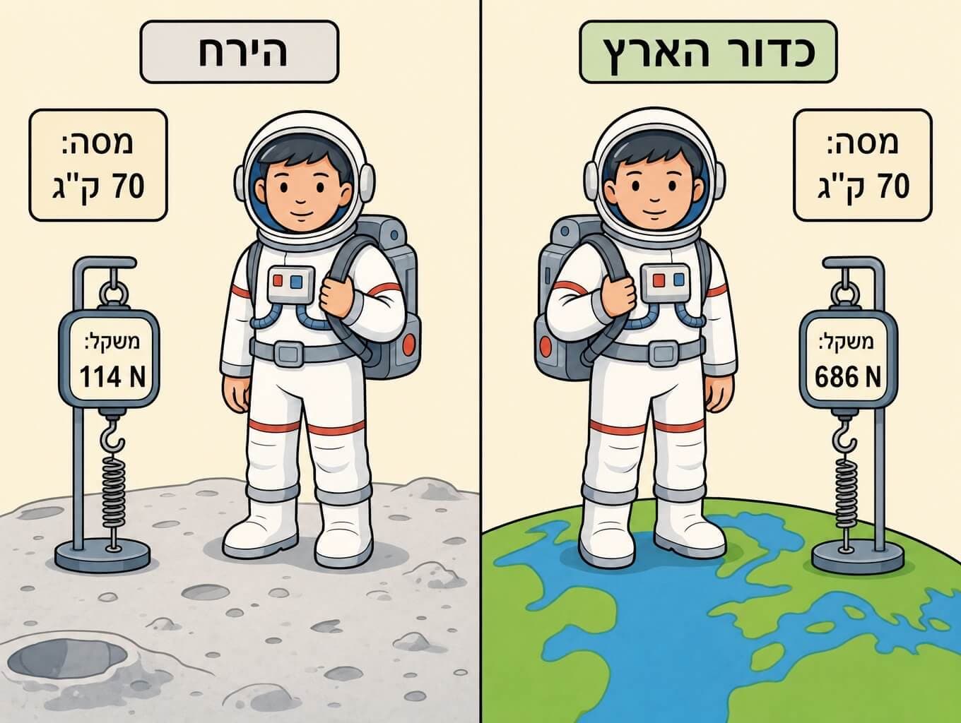 תמונה הממחישה את ההבדל בין מסה קבועה למשקל משתנה על כדור הארץ ועל הירח