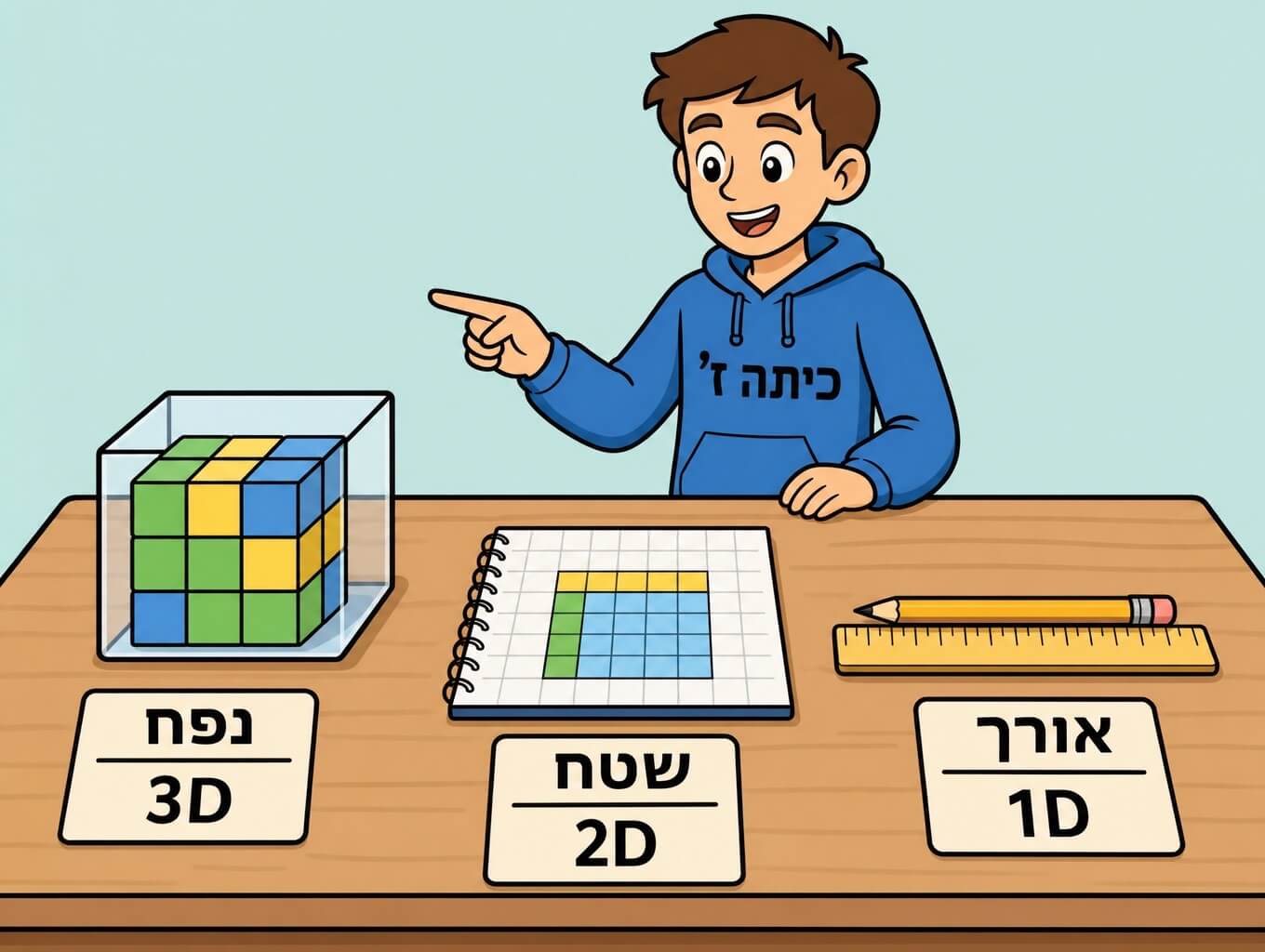 תמונה הממחישה את ההבדל בין מדידת אורך, שטח ונפח בעזרת תחנות מדידה על שולחן מעבדה