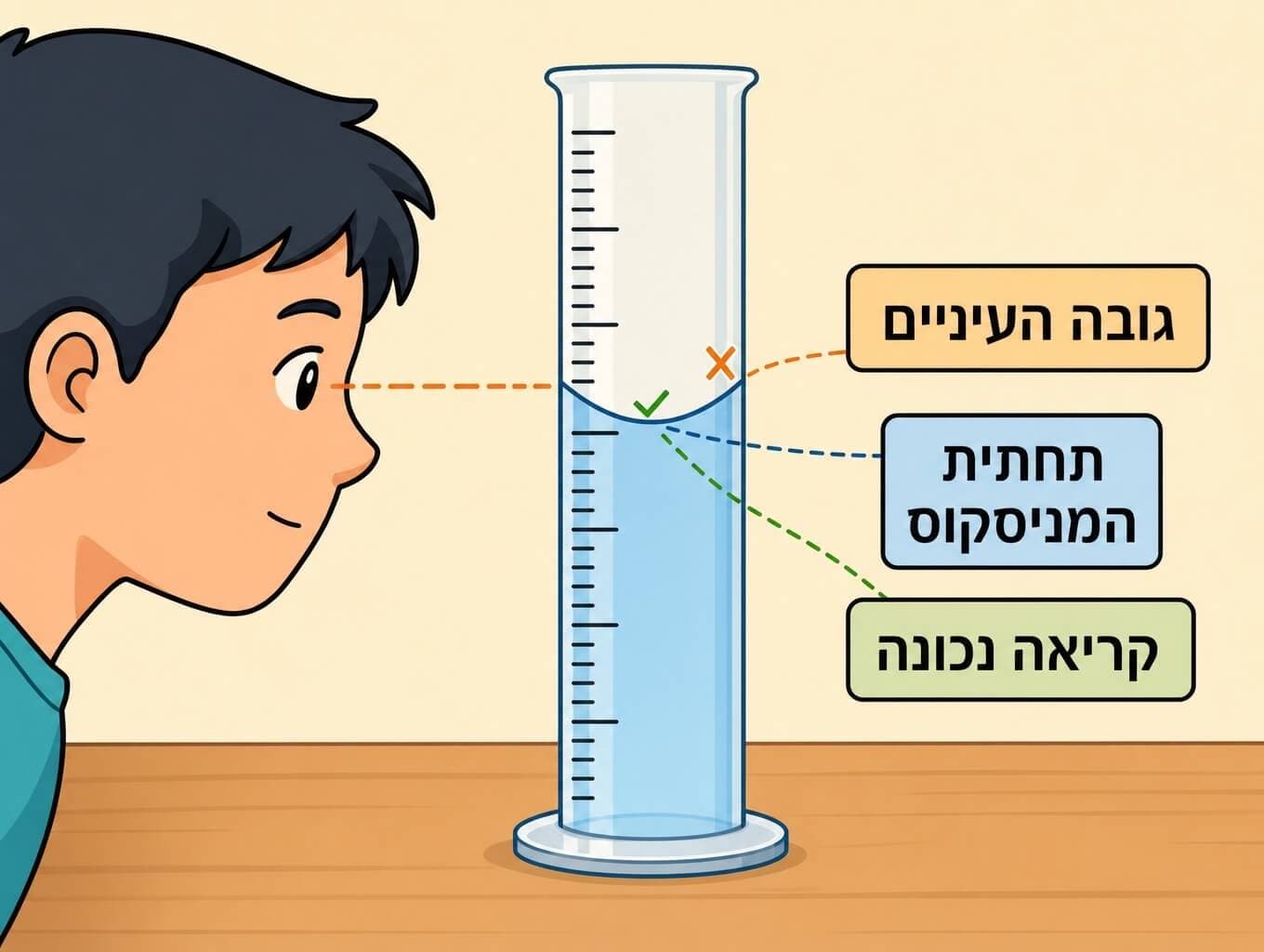 תמונה הממחישה את קריאת נפח הנוזל בתחתית המניסקוס בגובה העיניים