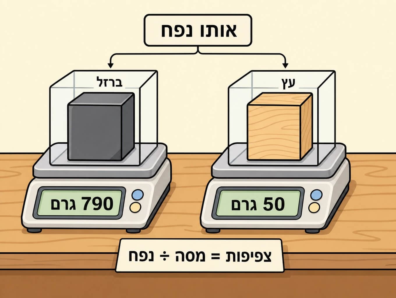 תמונה הממחישה את הצפיפות כיחס בין מסה לנפח בעזרת שתי קוביות באותו נפח