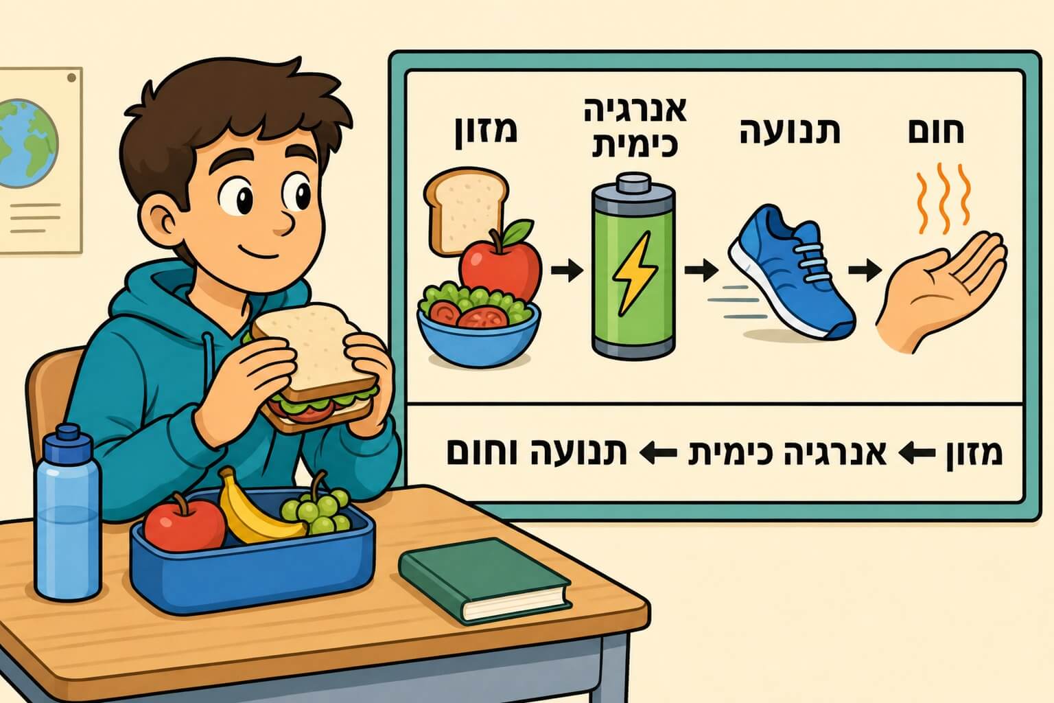 תמונה הממחישה את האנרגיה הכימית במזון ואת ההמרה שלה לתנועה ולחום בגוף