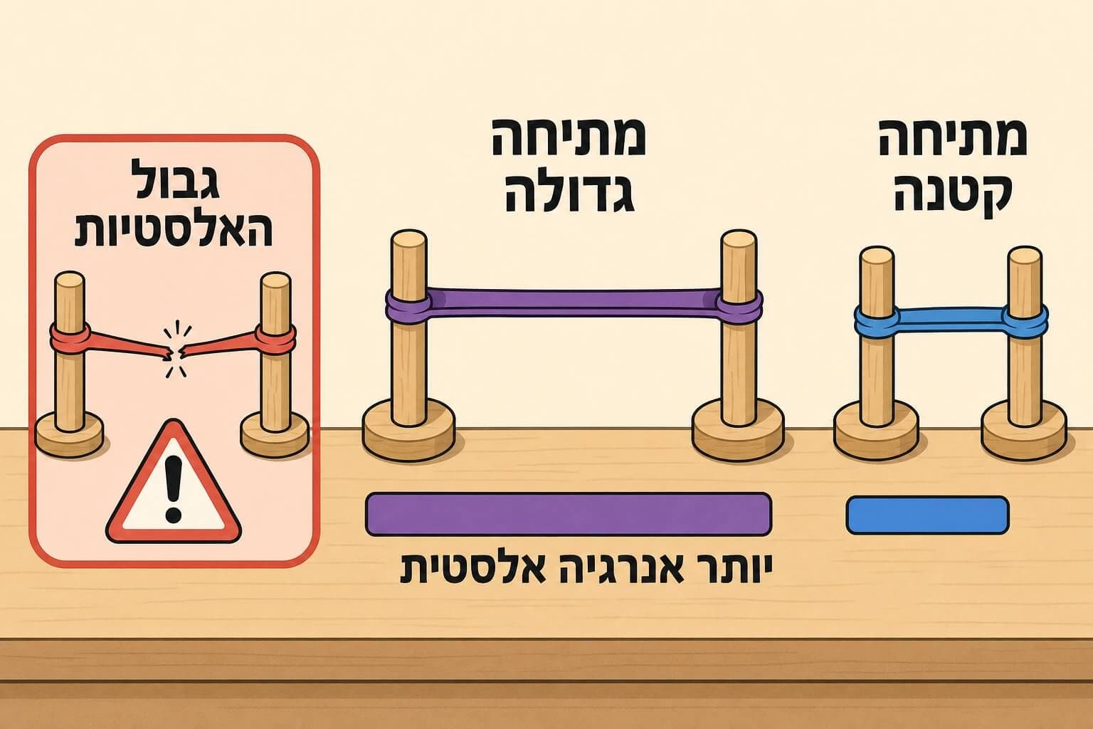תמונה הממחישה את אגירת האנרגיה האלסטית בגומייה ככל שהמתיחה גדלה