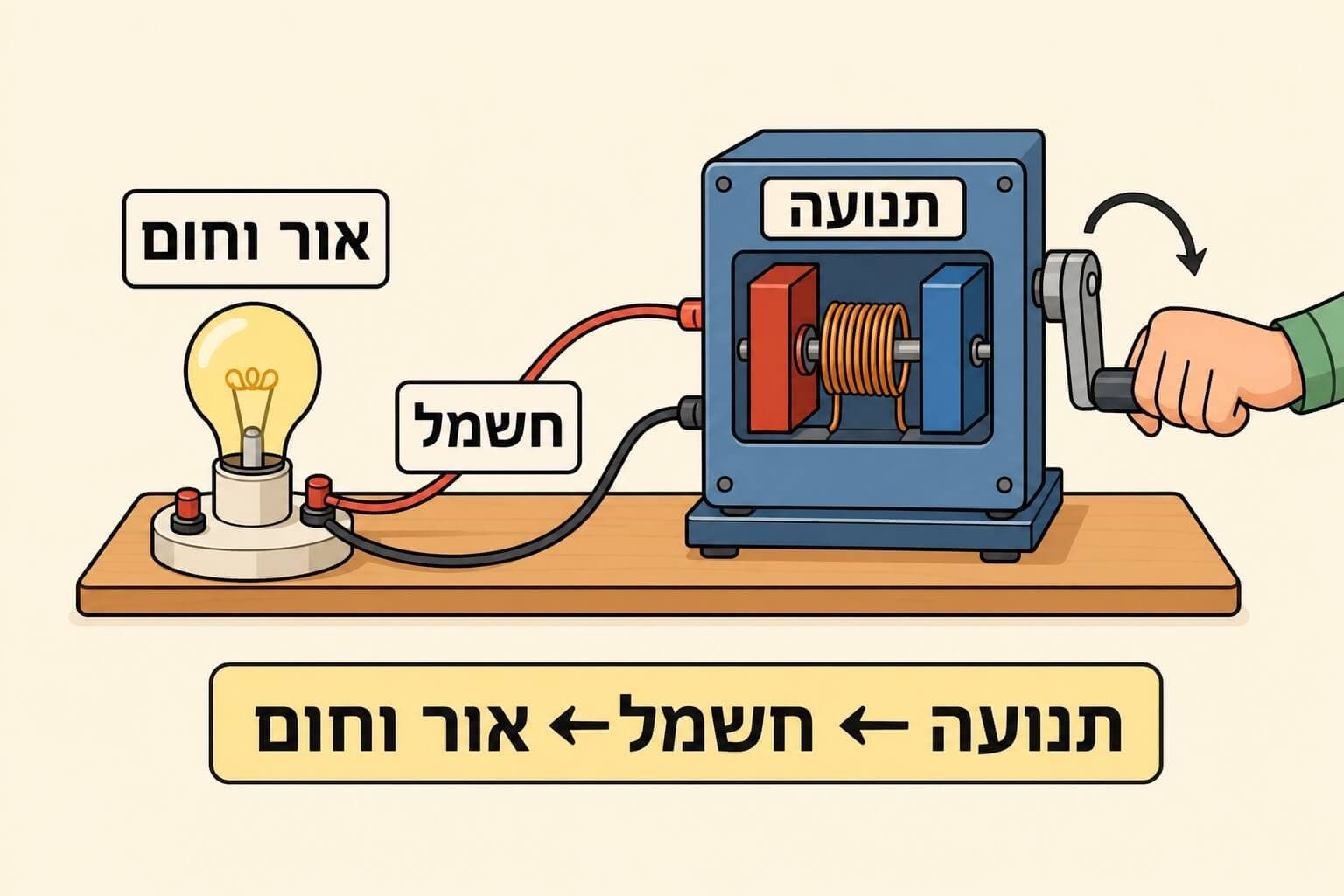 תמונה הממחישה את הפיכת התנועה במודל של גנרטור לאנרגיה חשמלית שמפעילה נורה