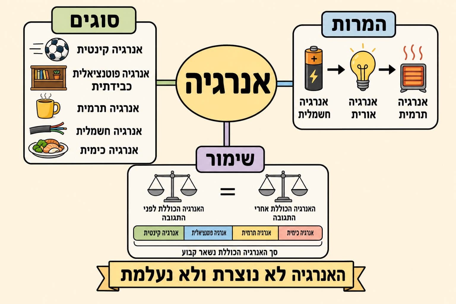 תמונה המסכמת את פרק האנרגיה בעזרת מפת מושגים של סוגים המרות ושימור