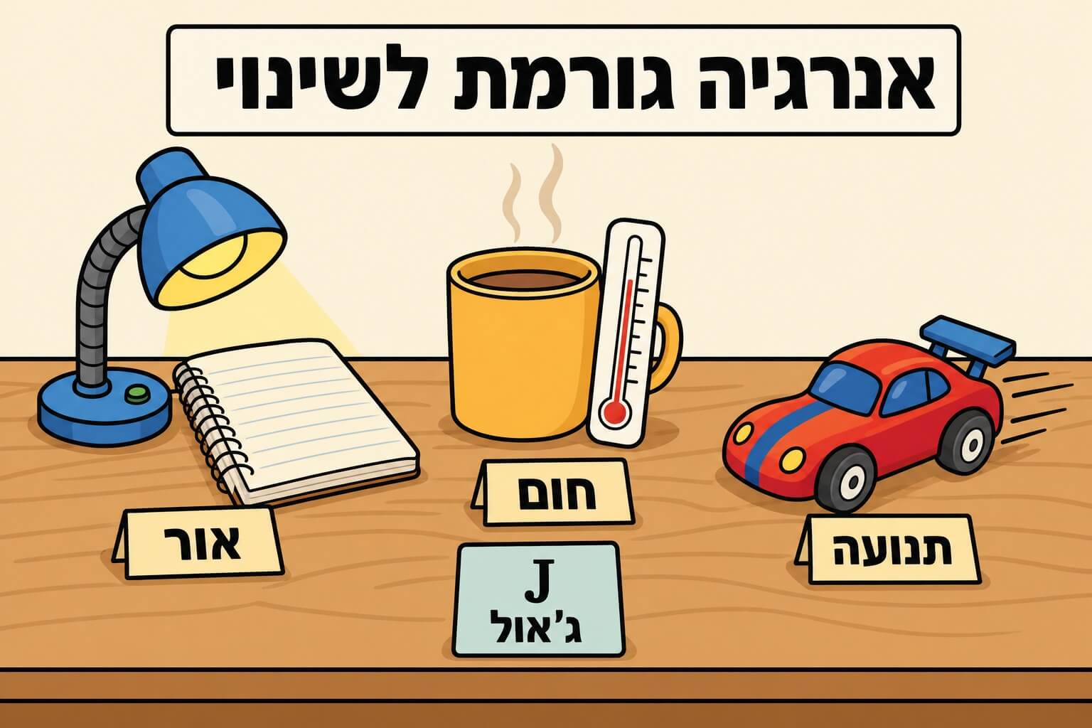 תמונה הממחישה את האנרגיה דרך שינויים של תנועה חום ואור על שולחן מדעי