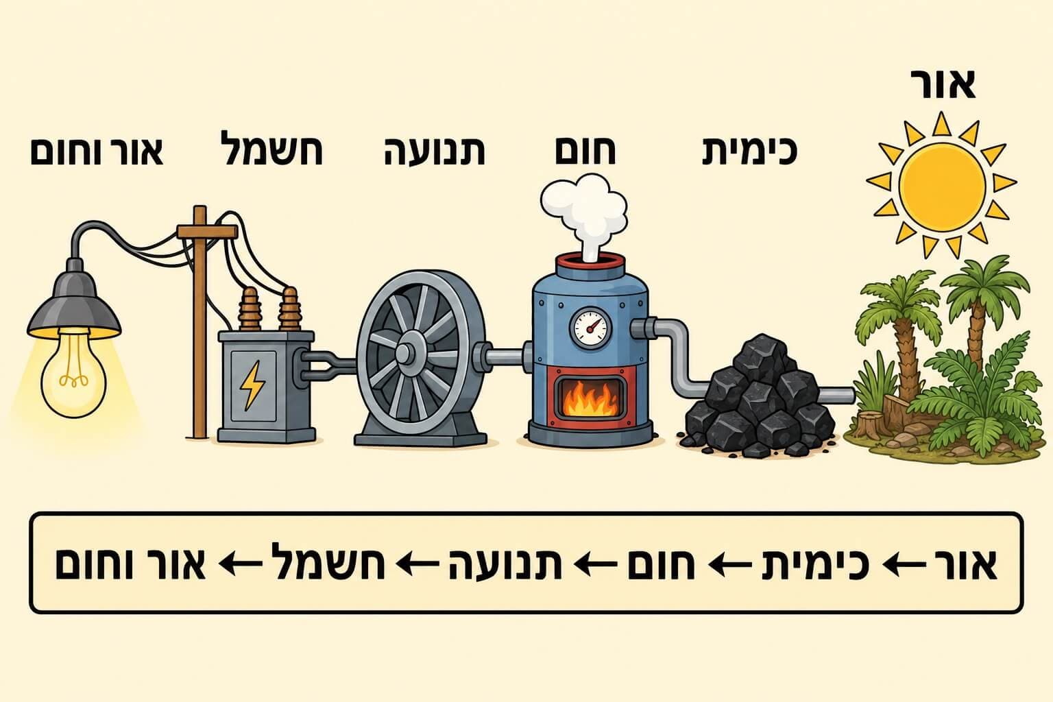 תמונה הממחישה את שרשרת המרות האנרגיה מאור שמש ועד אור וחום בנורה