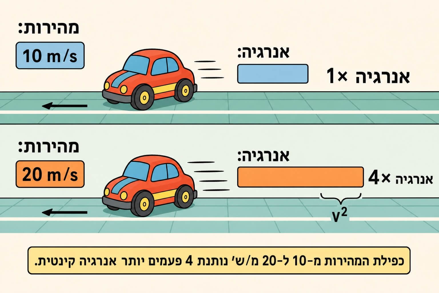 תמונה הממחישה את השפעת הכפלת המהירות על אנרגיה קינטית של אותו גוף