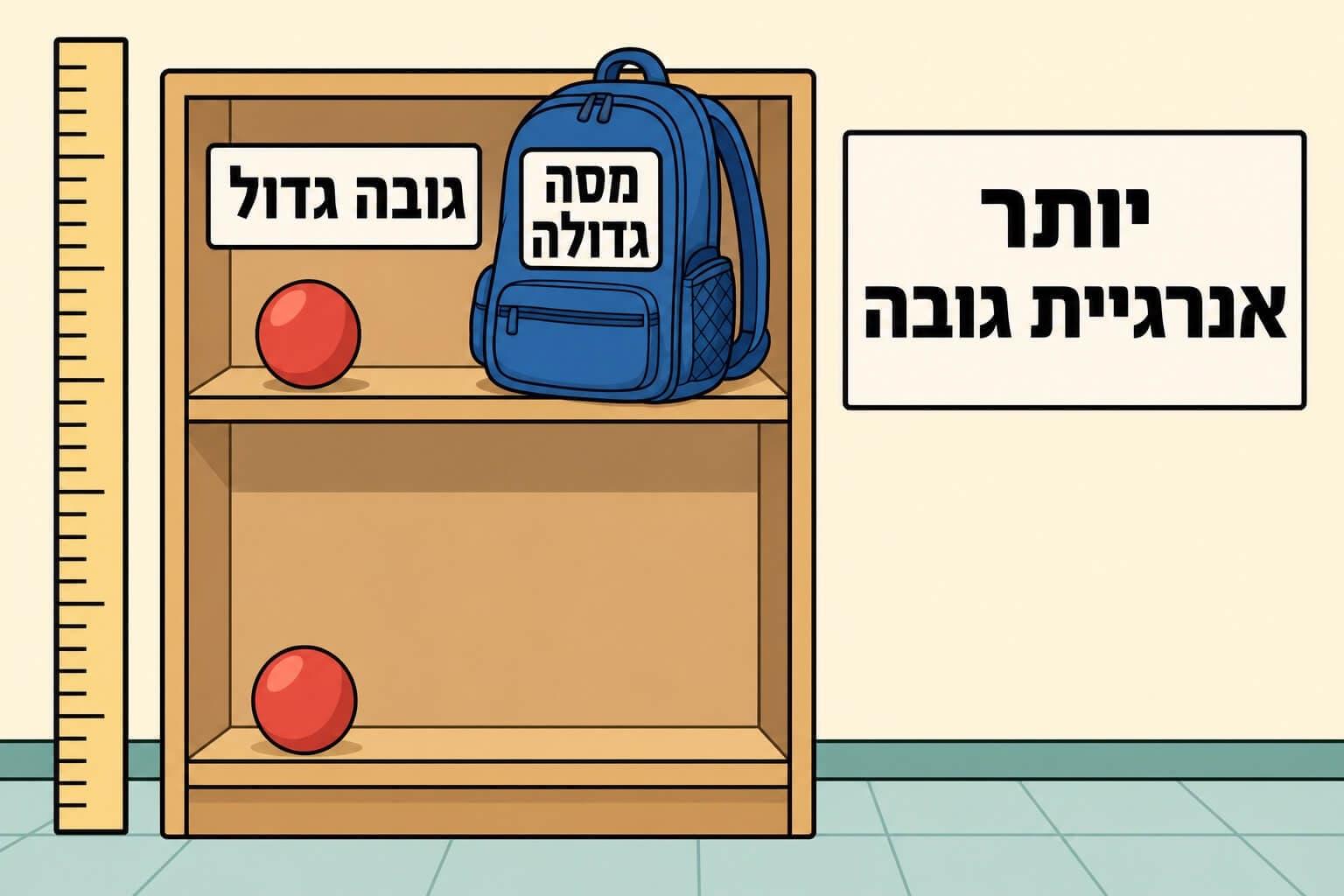 תמונה הממחישה את השפעת הגובה והמסה על אנרגיית גובה בעזרת חפצים על מדף גבוה