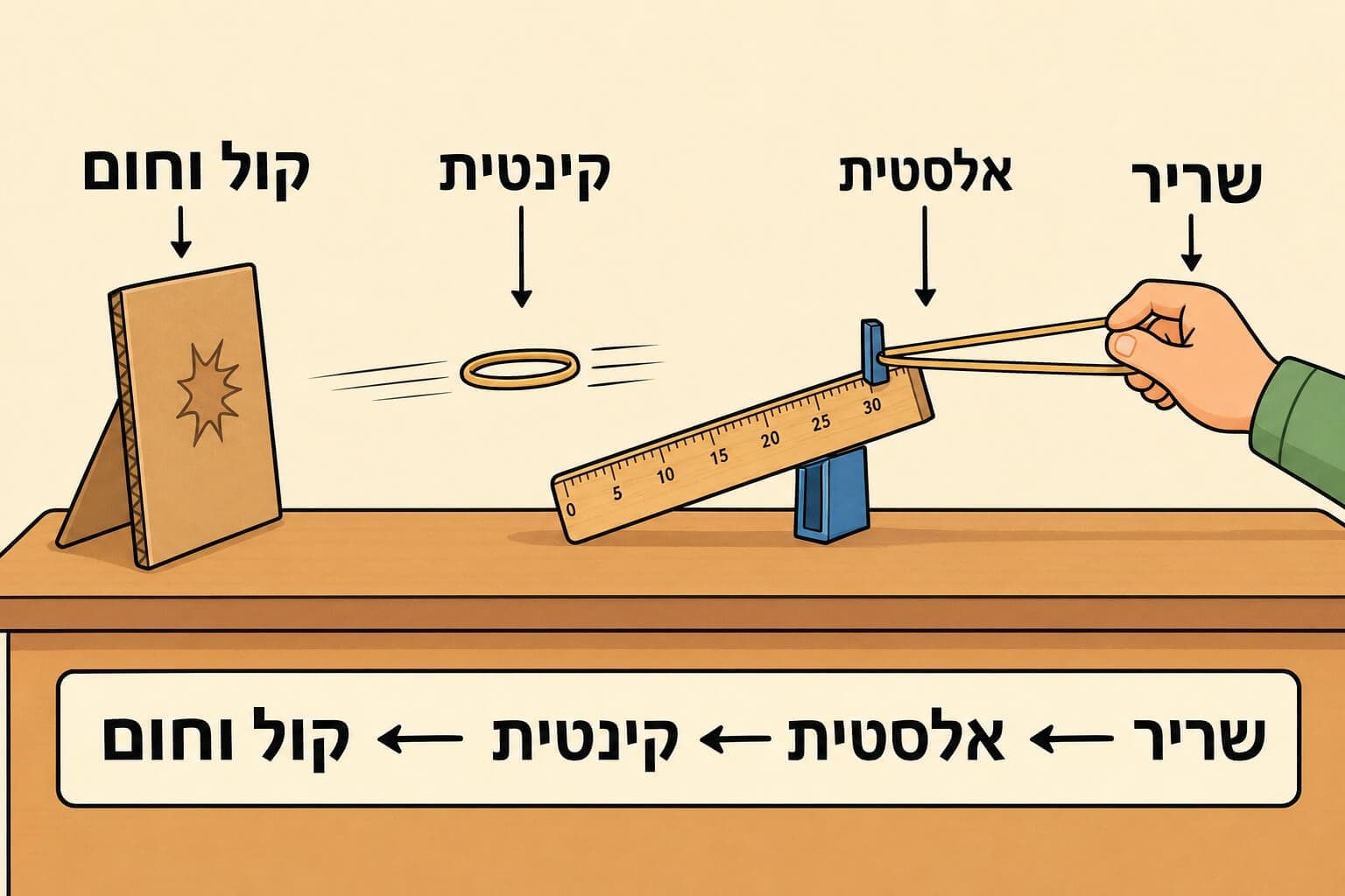 תמונה הממחישה את שרשרת האנרגיה בניסוי גומייה משריר לאנרגיה אלסטית וקינטית