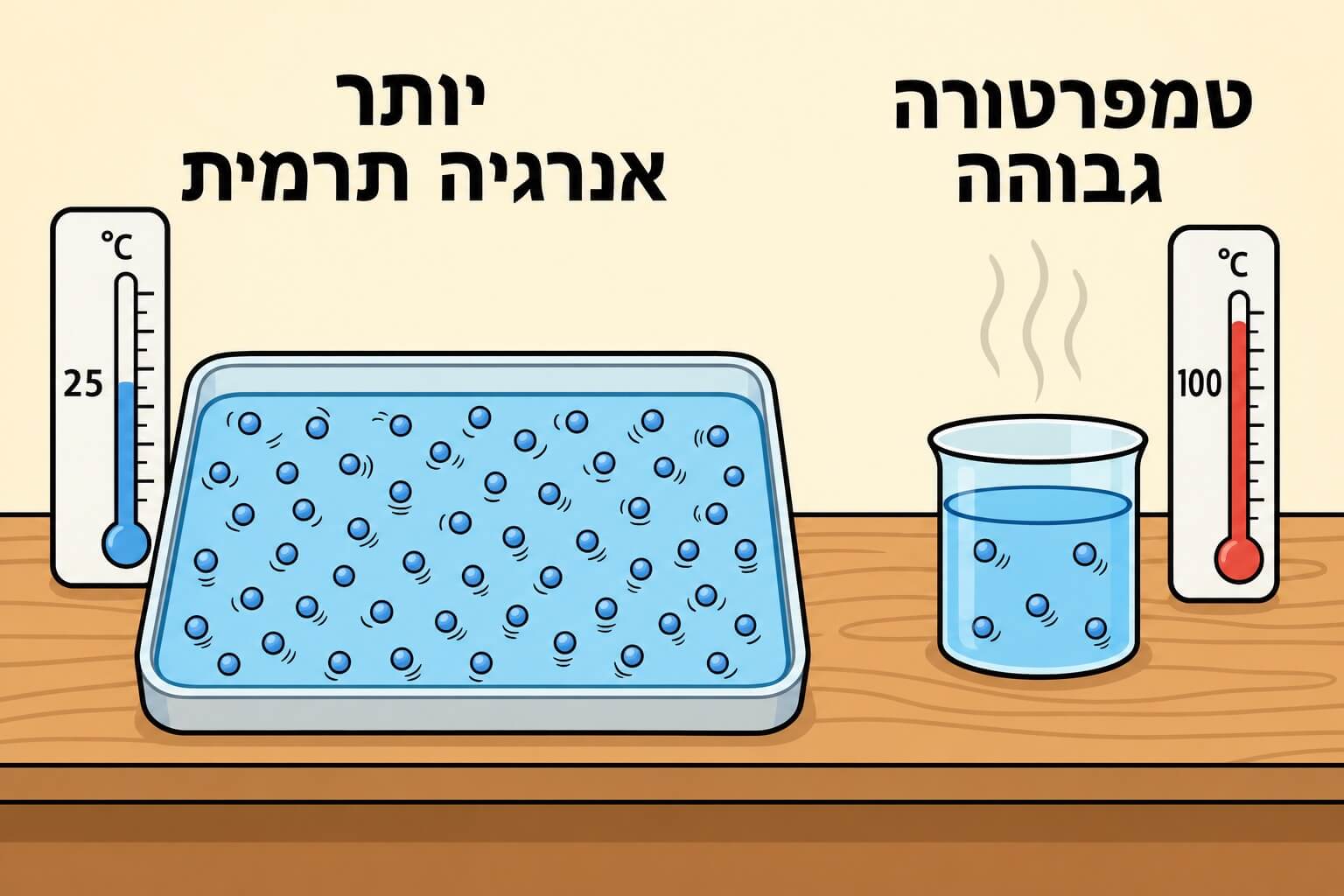 תמונה הממחישה את ההבדל בין טמפרטורה לבין אנרגיה תרמית כוללת בעזרת כוס חמה ומכל מים גדול