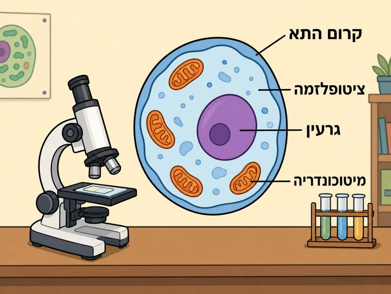 תמונה הממחישה את חלקי התא הבסיסיים בתרשים מוגדל ליד מיקרוסקופ