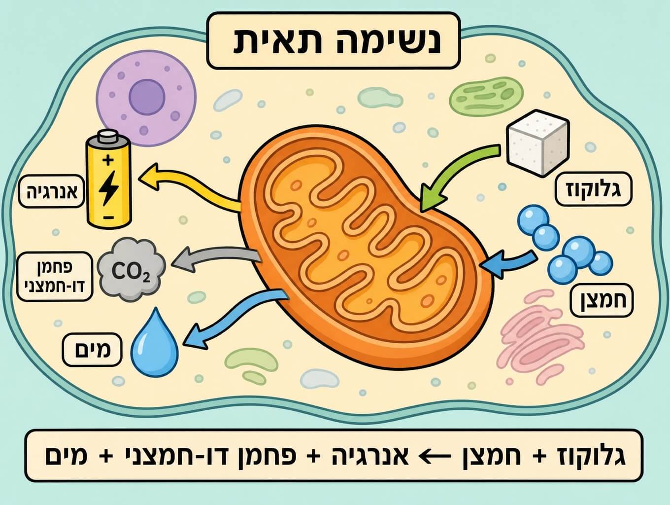 תמונה הממחישה את תהליך הנשימה התאית במיטוכונדריה