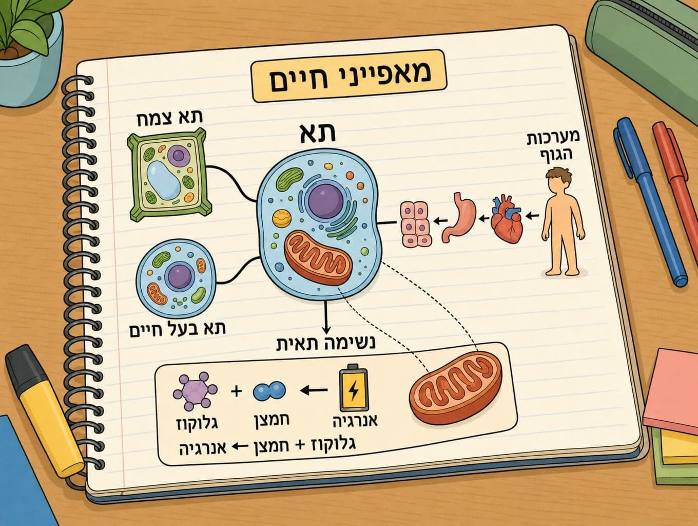 תמונה הממחישה מפת סיכום של הקשר בין מאפייני חיים, תאים, מערכות הגוף ונשימה תאית