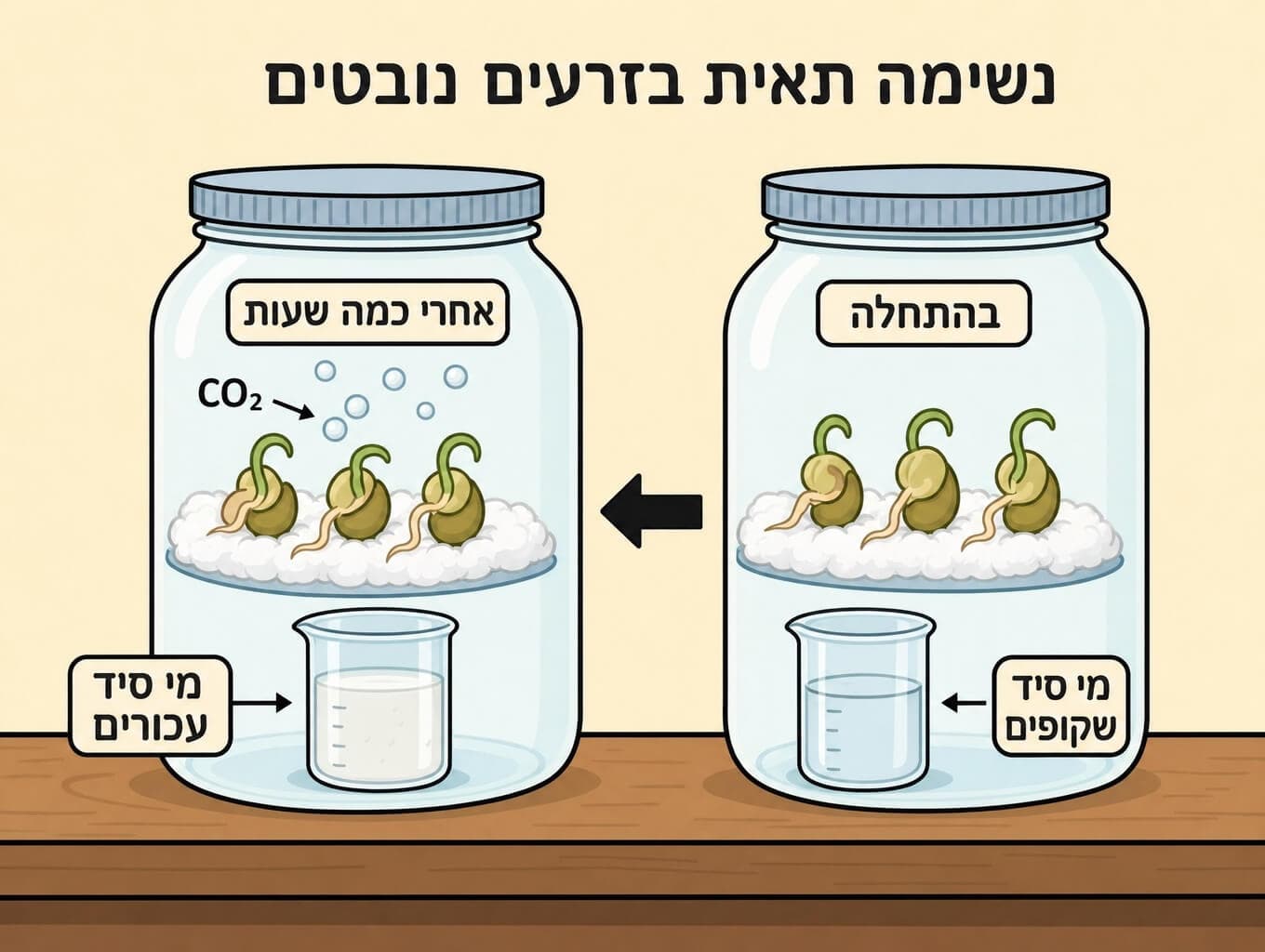 תמונה הממחישה ניסוי לזיהוי פחמן דו-חמצני מנשימה תאית בזרעים נובטים