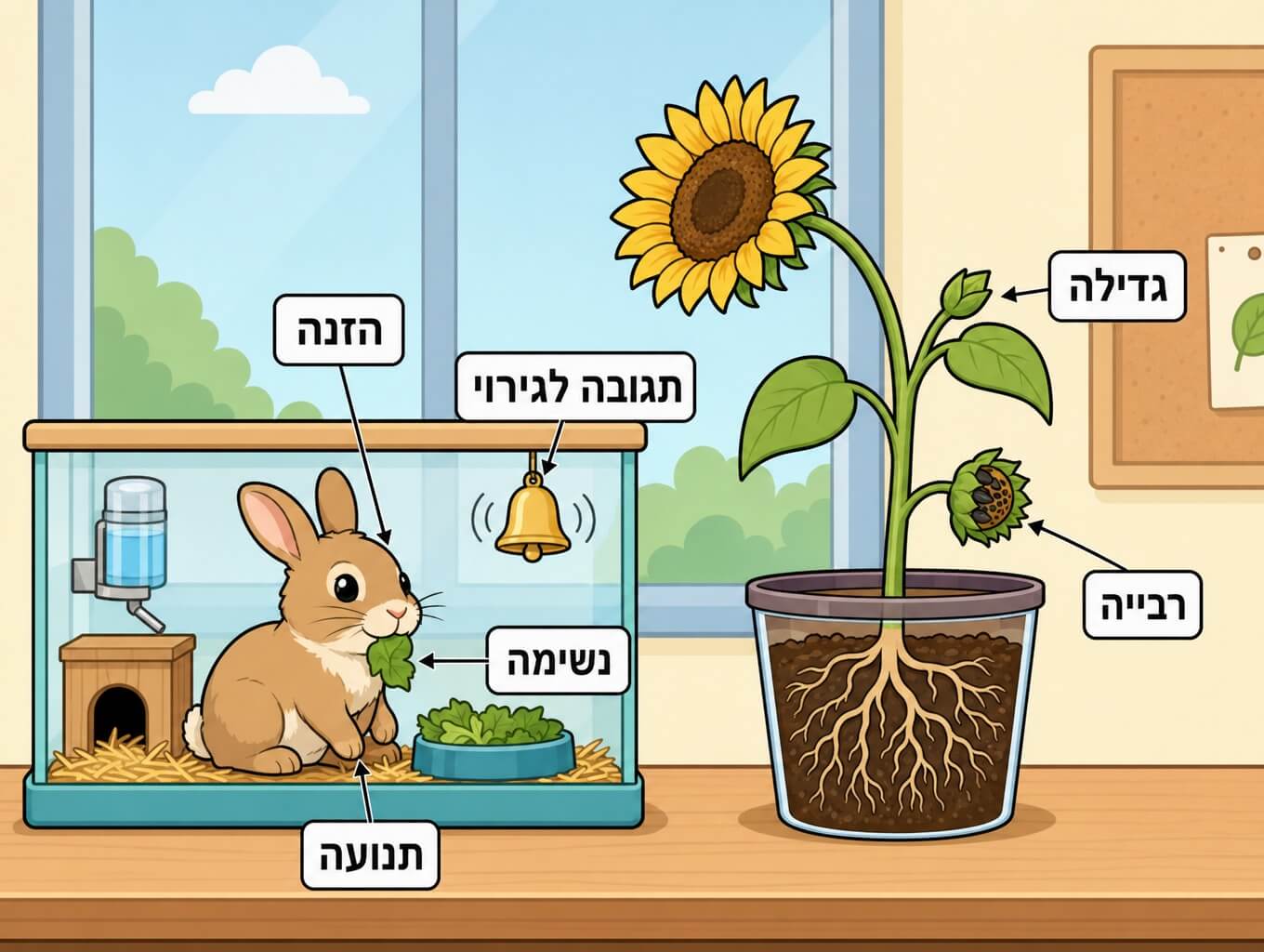 תמונה הממחישה את מאפייני החיים בצמח ובבעל חיים בכיתה
