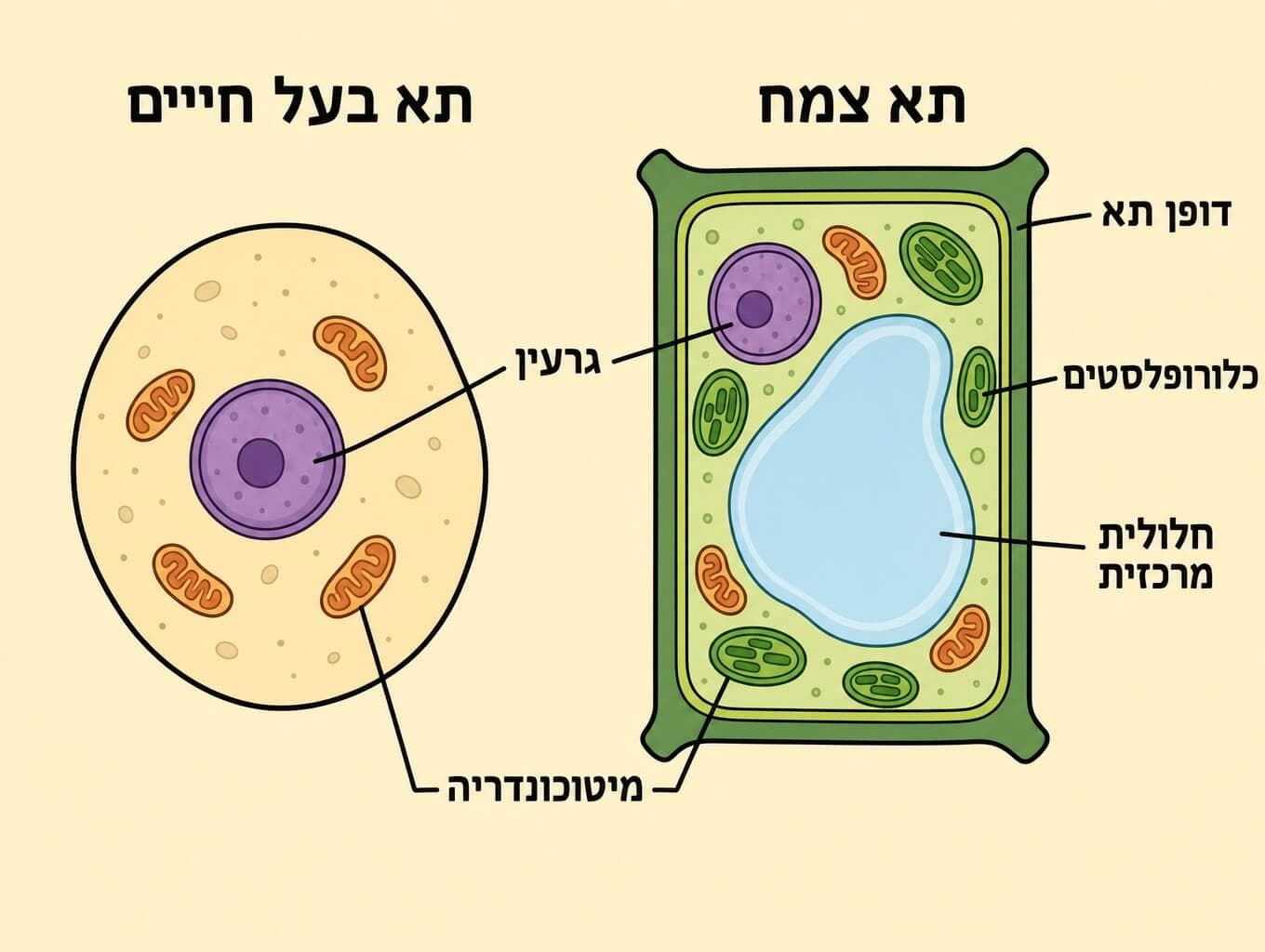 תמונה הממחישה את ההבדלים בין תא צמח לתא בעל חיים בתרשים השוואה