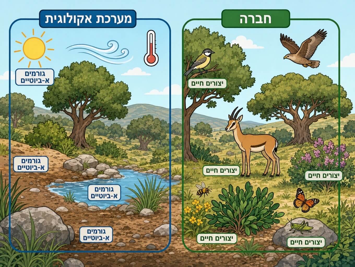 תמונה הממחישה את ההבדל בין חברה ביוטית לבין מערכת אקולוגית מלאה