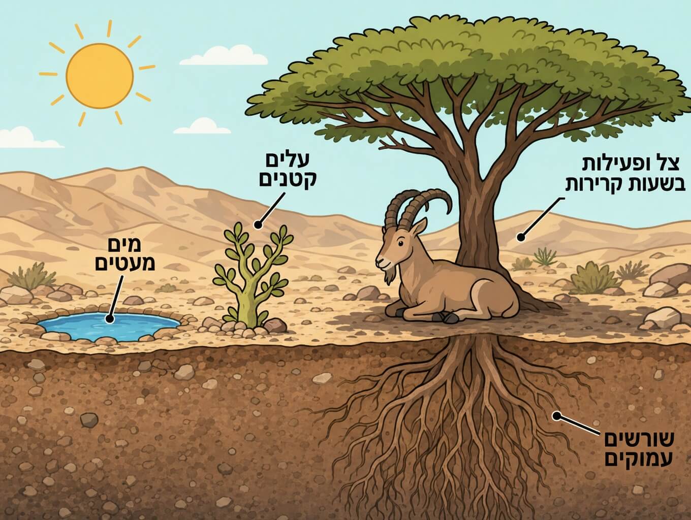 תמונה הממחישה התאמות של צמחים ובעלי חיים למדבר שבו מים הם גורם מגביל