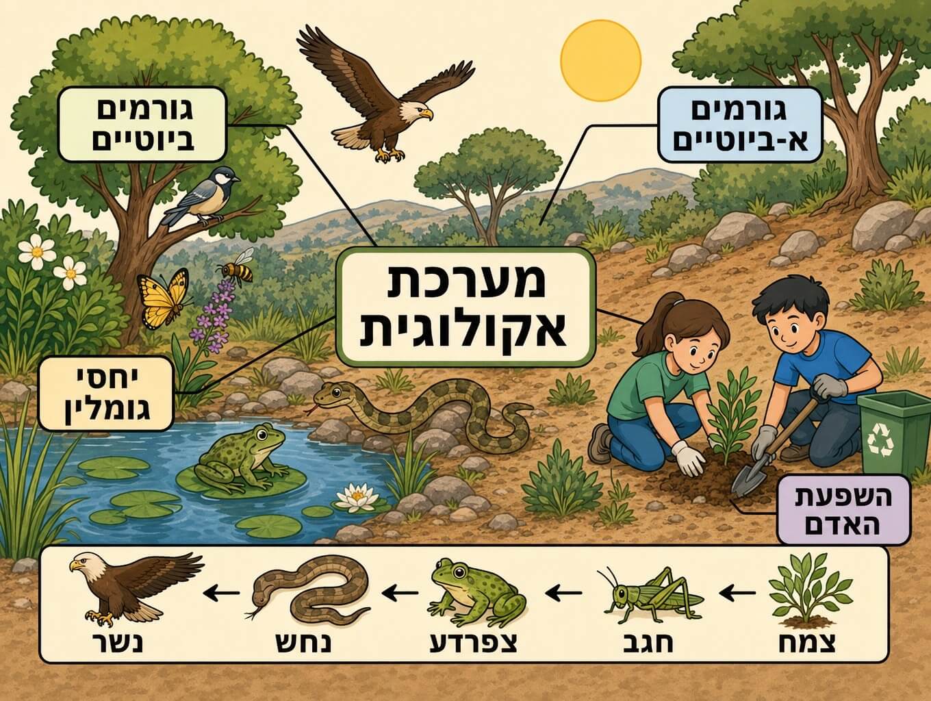 תמונה הממחישה מפת חזרה של מערכת אקולוגית עם גורמים ביוטיים וא-ביוטיים, יחסי גומלין והשפעת האדם