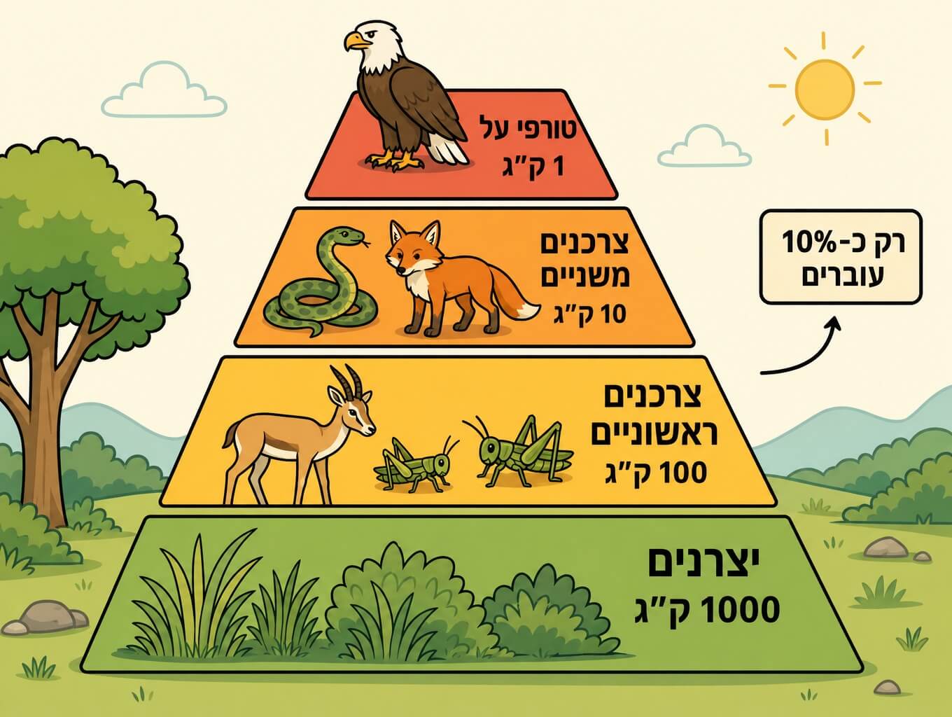 תמונה הממחישה פירמידת אנרגיה שבה כמות האנרגיה הזמינה פוחתת בכל דרגה