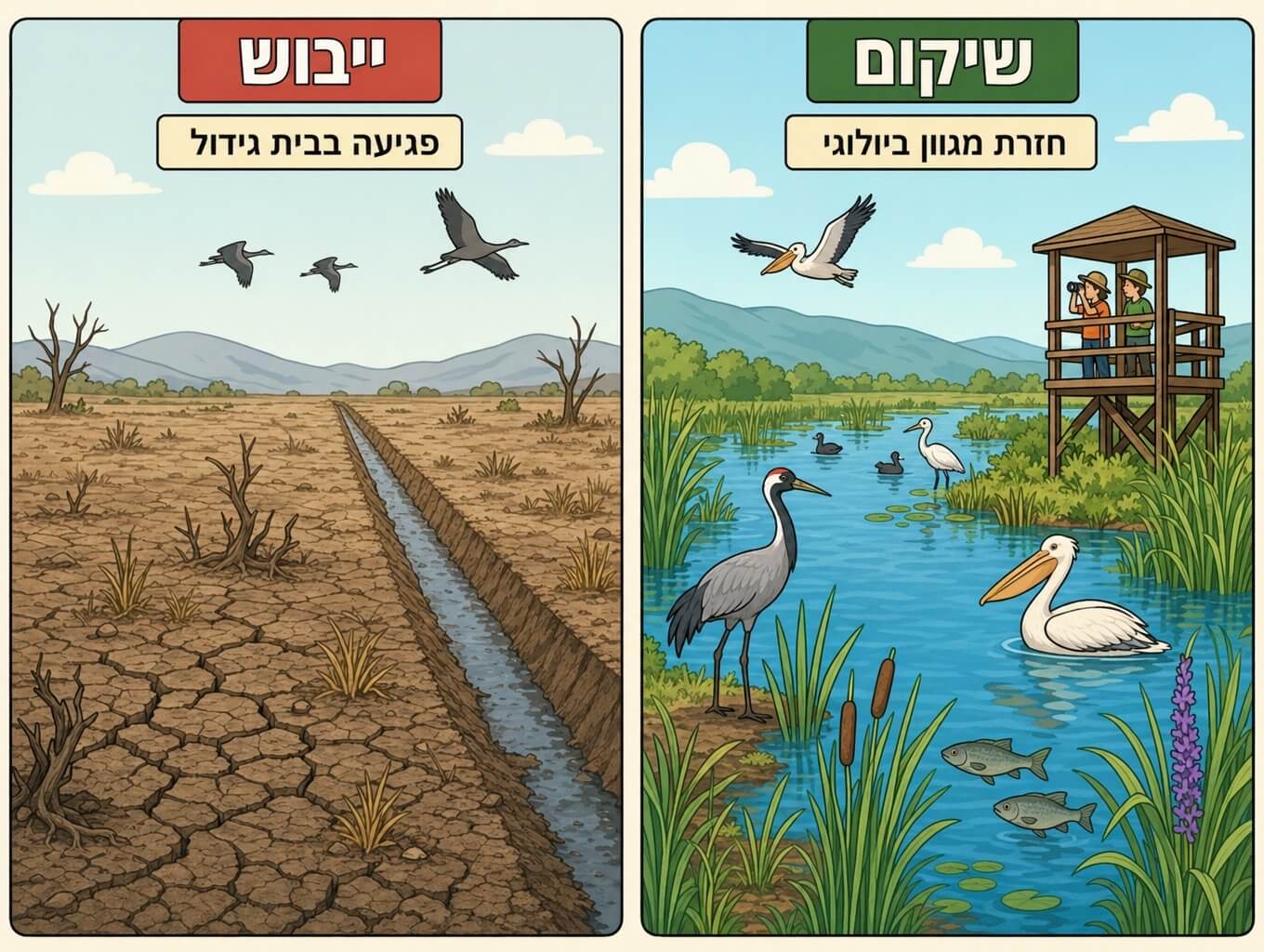 תמונה המציגה את ייבוש החולה מול שיקום אגמון החולה והשבת בית הגידול