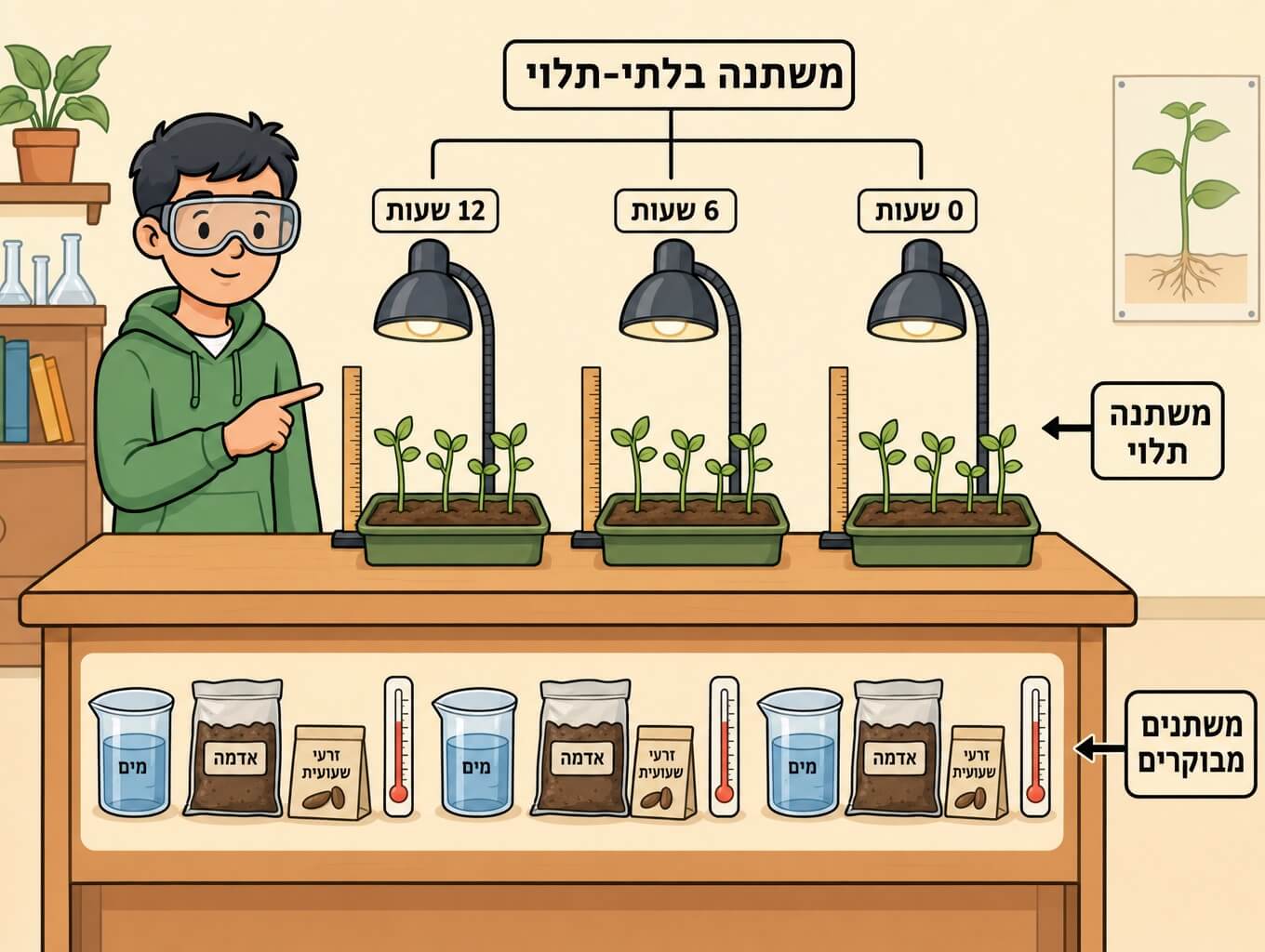 תמונה הממחישה את סוגי המשתנים בניסוי מבוקר על נביטת זרעים