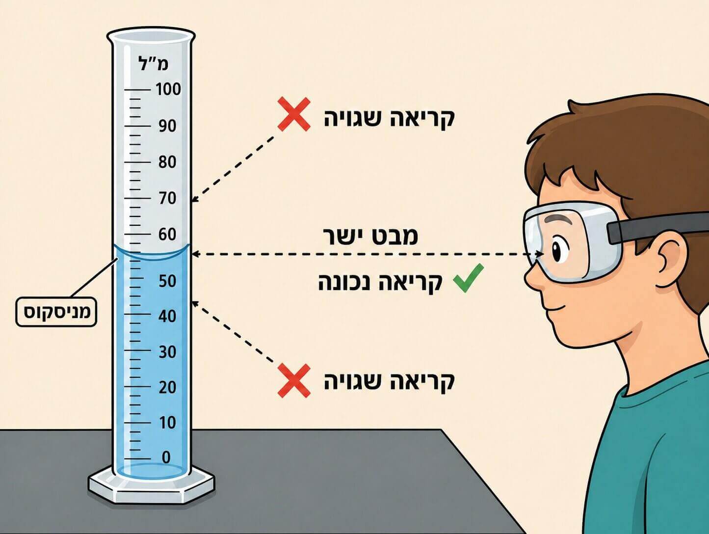 תמונה הממחישה את הקריאה הנכונה של מניסקוס במבחנה מדורגת בגובה העיניים