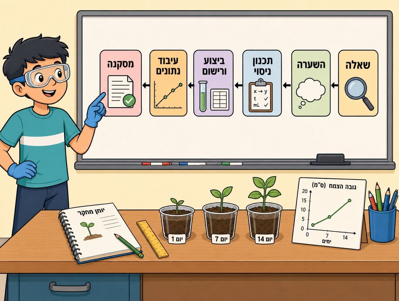 תמונה הממחישה את שלבי החקר המדעי משאלה והשערה עד מסקנה מבוססת ראיות
